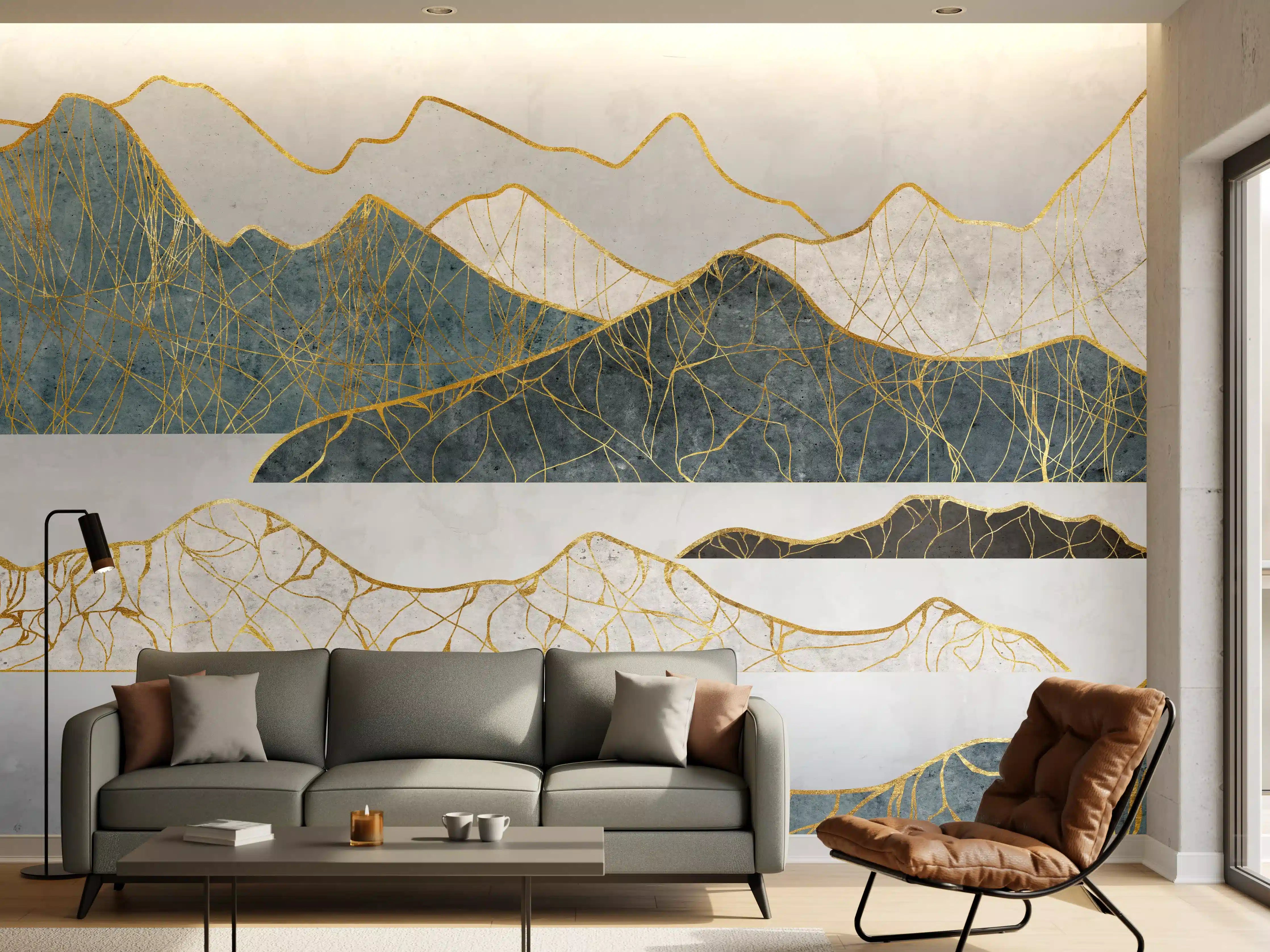 Wandverkleidung Wohnzimmer - Elegantes Wandbild mit goldenen Linien und Bergen