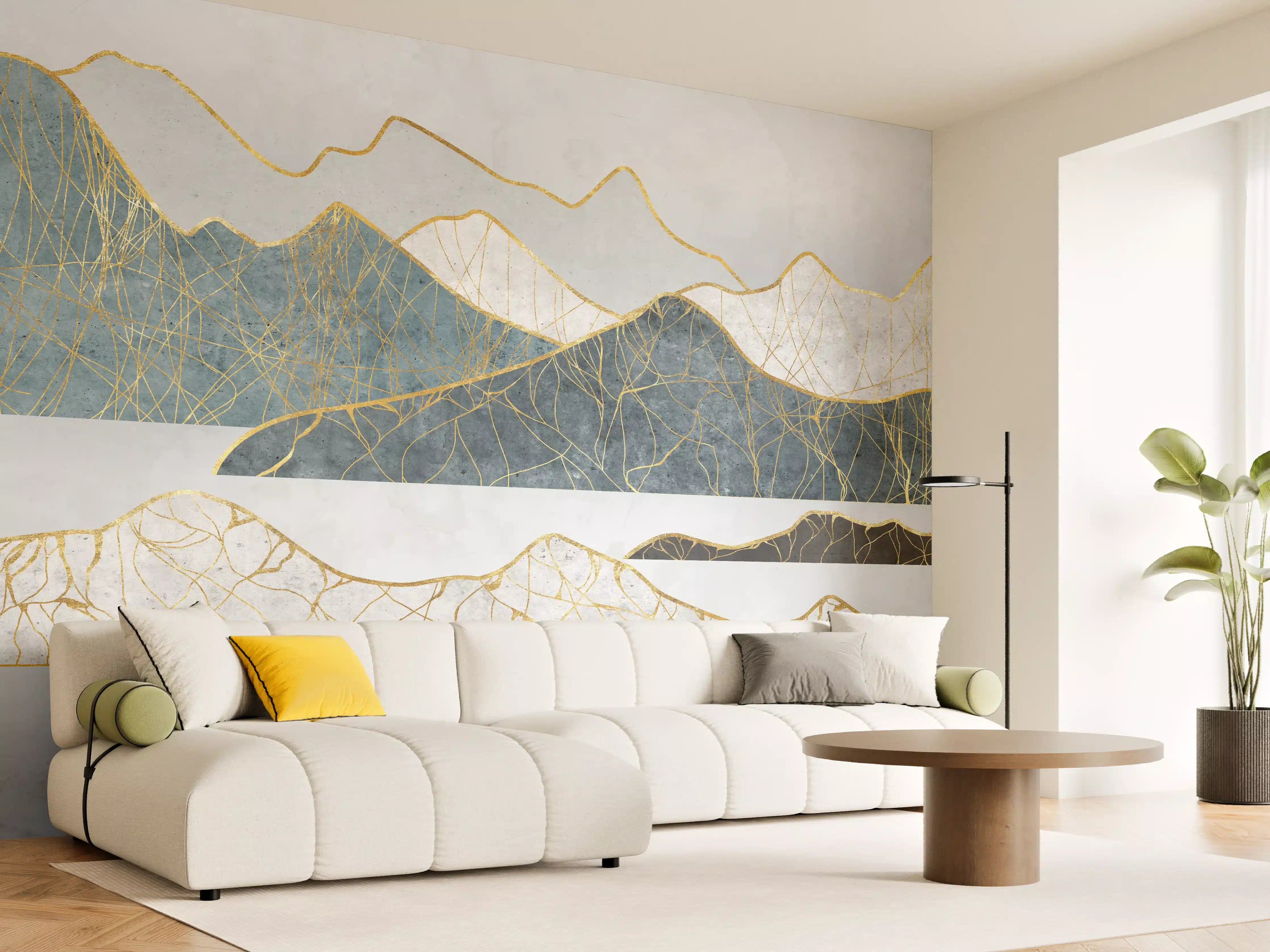 Wandverkleidung Wohnzimmer - Elegantes Wandbild mit goldenen Linien und Bergen