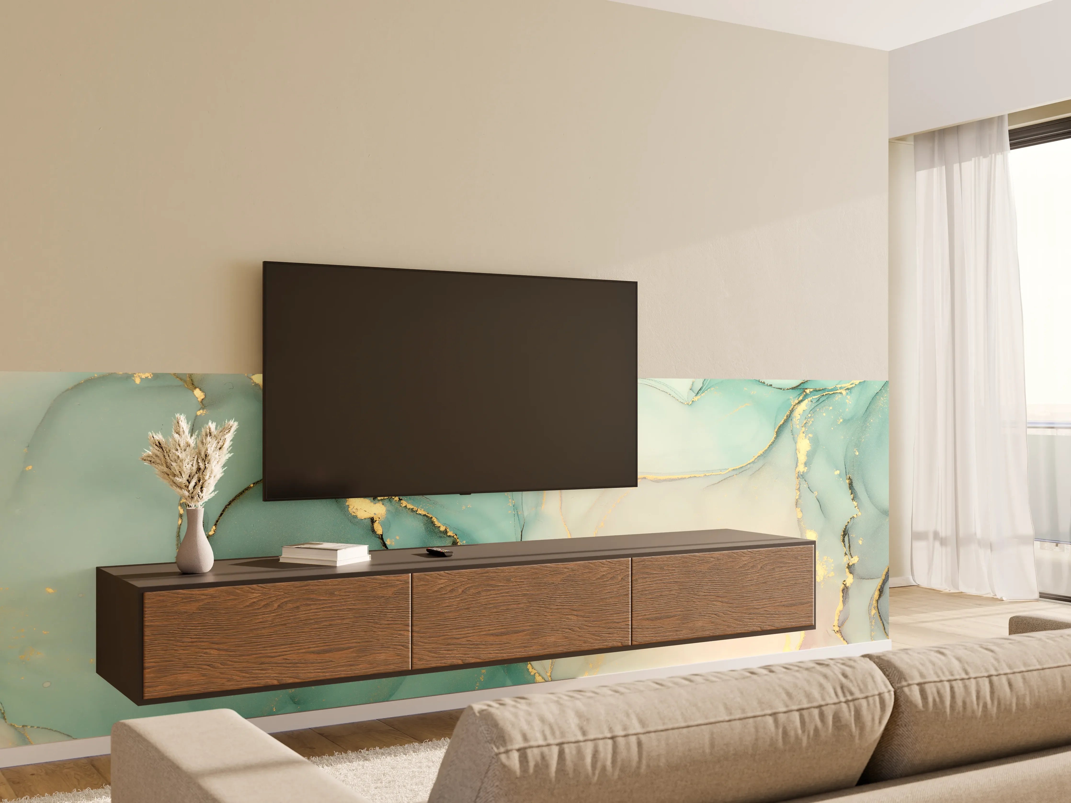 Wandverkleidung Wohnzimmer - Elegantes Wasserfarben-Motiv mit Goldakzenten