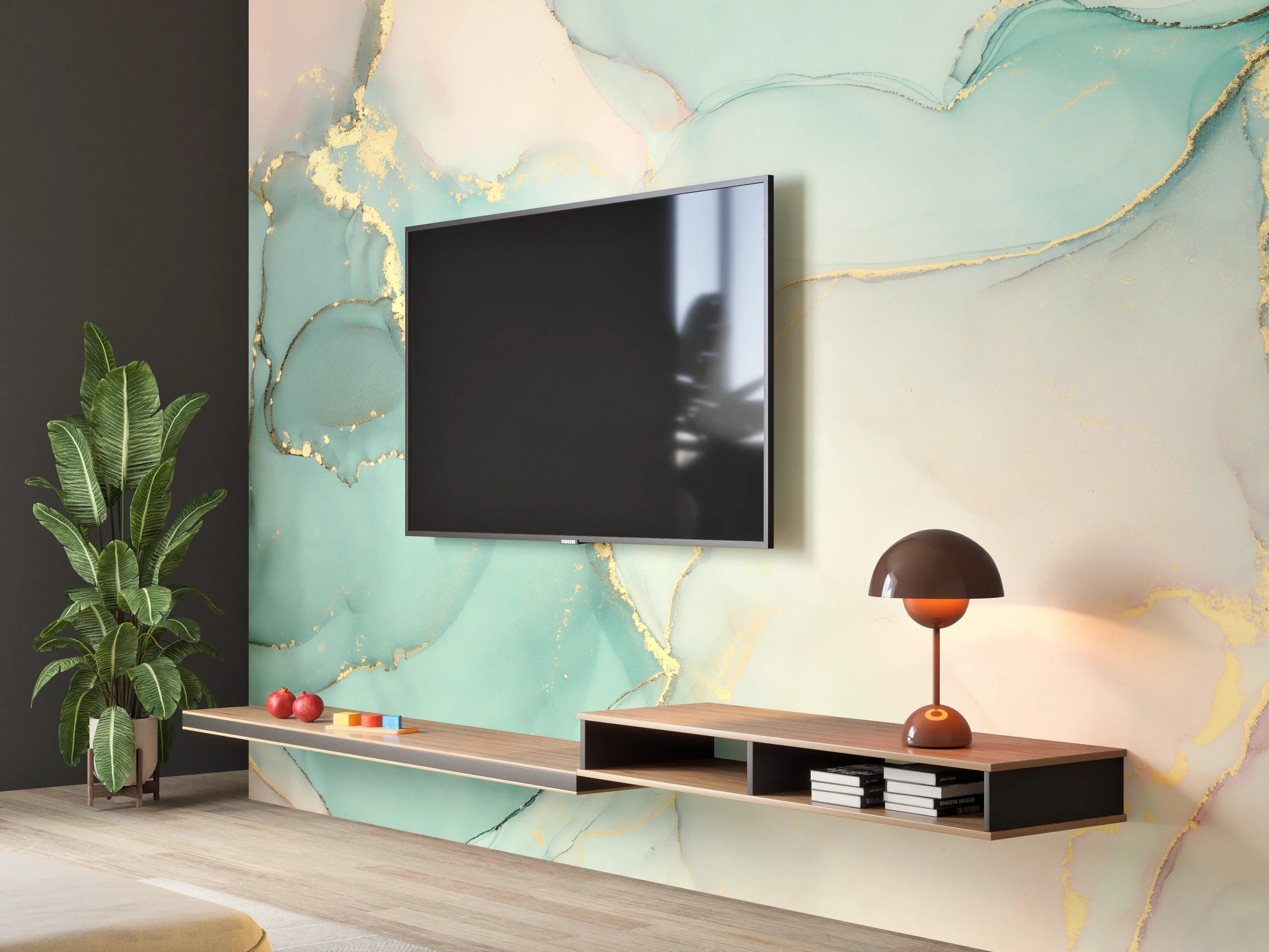 Wandverkleidung Wohnzimmer - Elegantes Wasserfarben-Motiv mit Goldakzenten