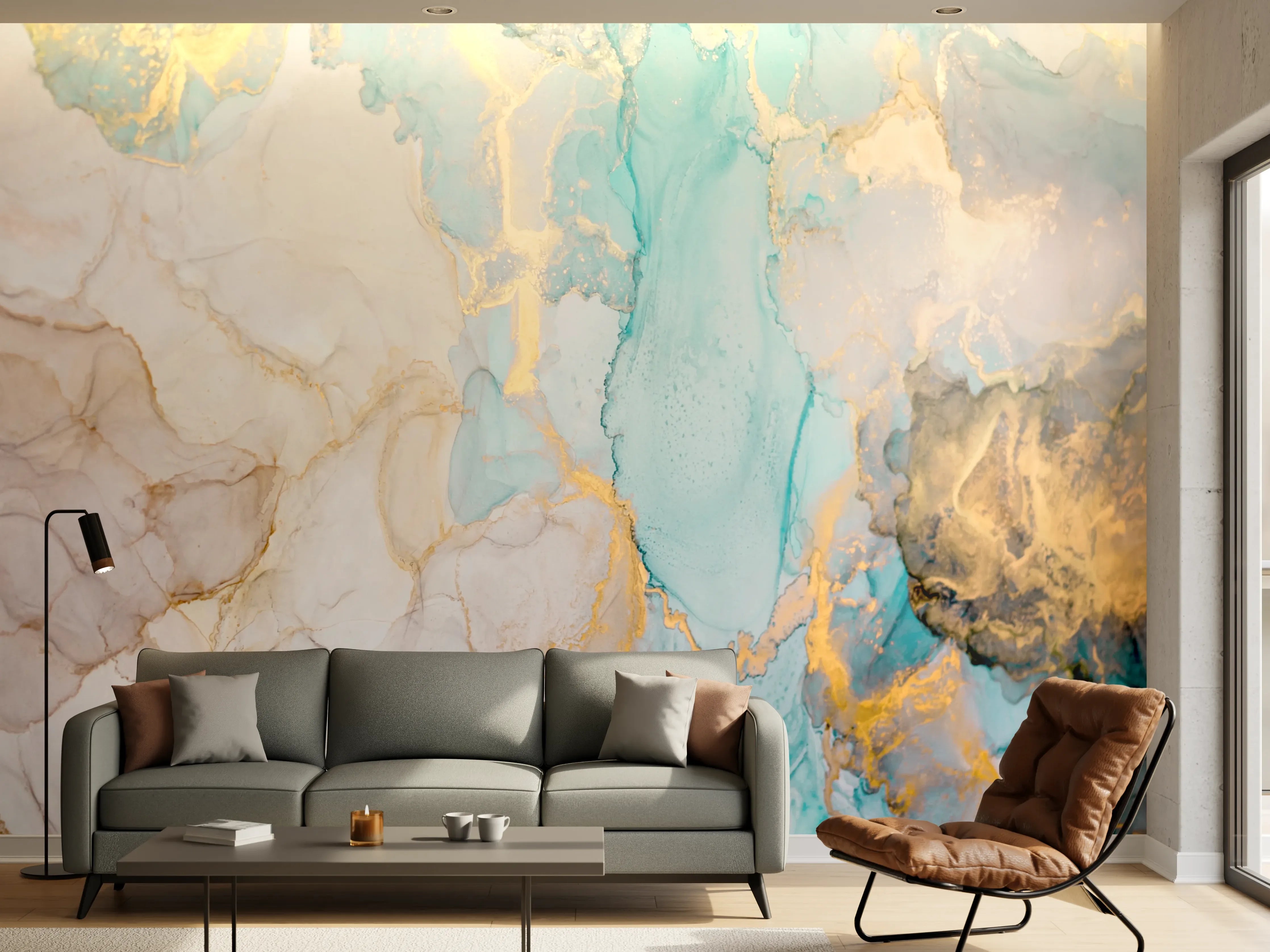 Wandverkleidung Wohnzimmer - Elegantes Wasserfarben-Muster mit goldenen Akzenten