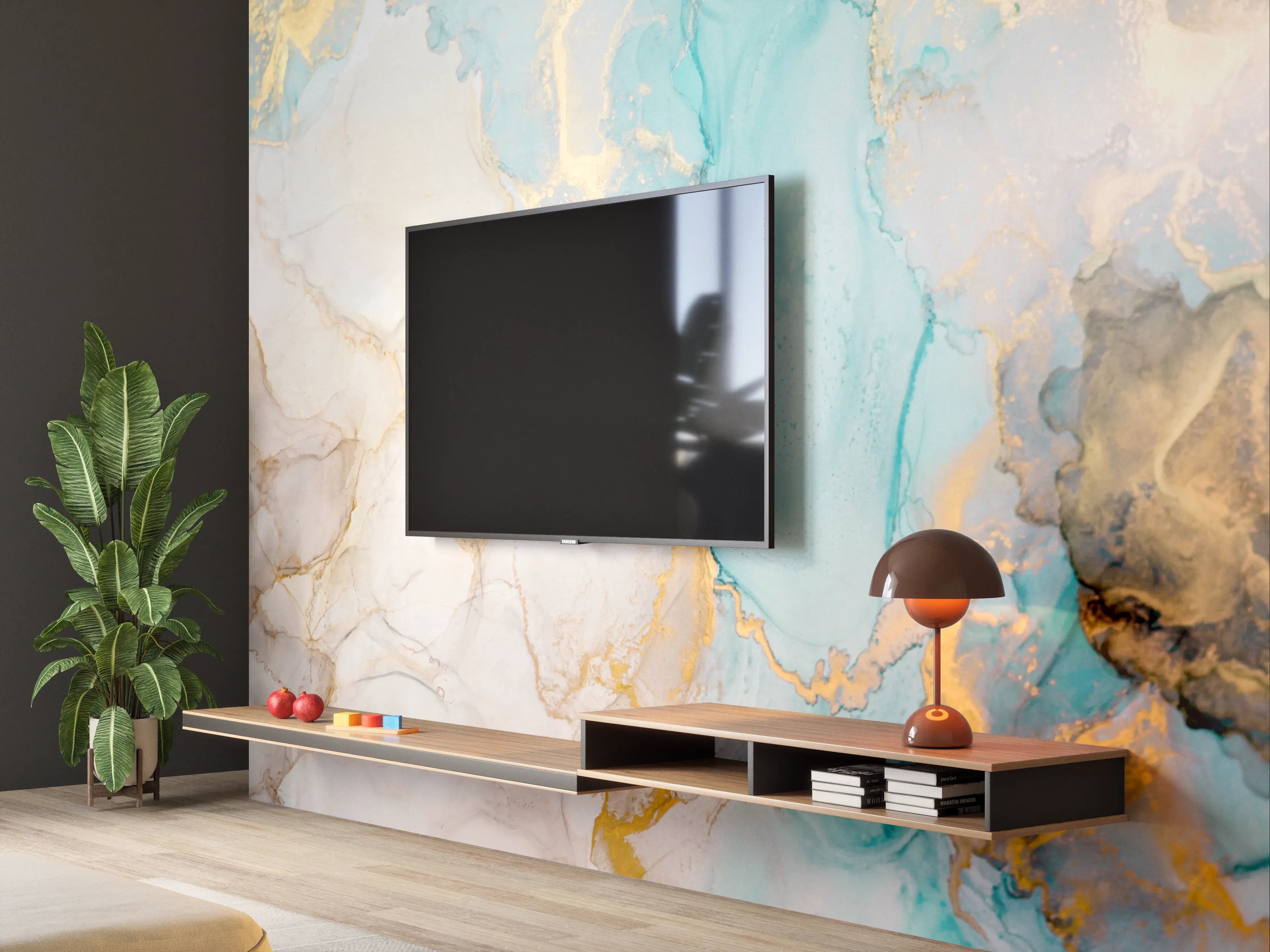 Wandverkleidung Wohnzimmer - Elegantes Wasserfarben-Muster mit goldenen Akzenten