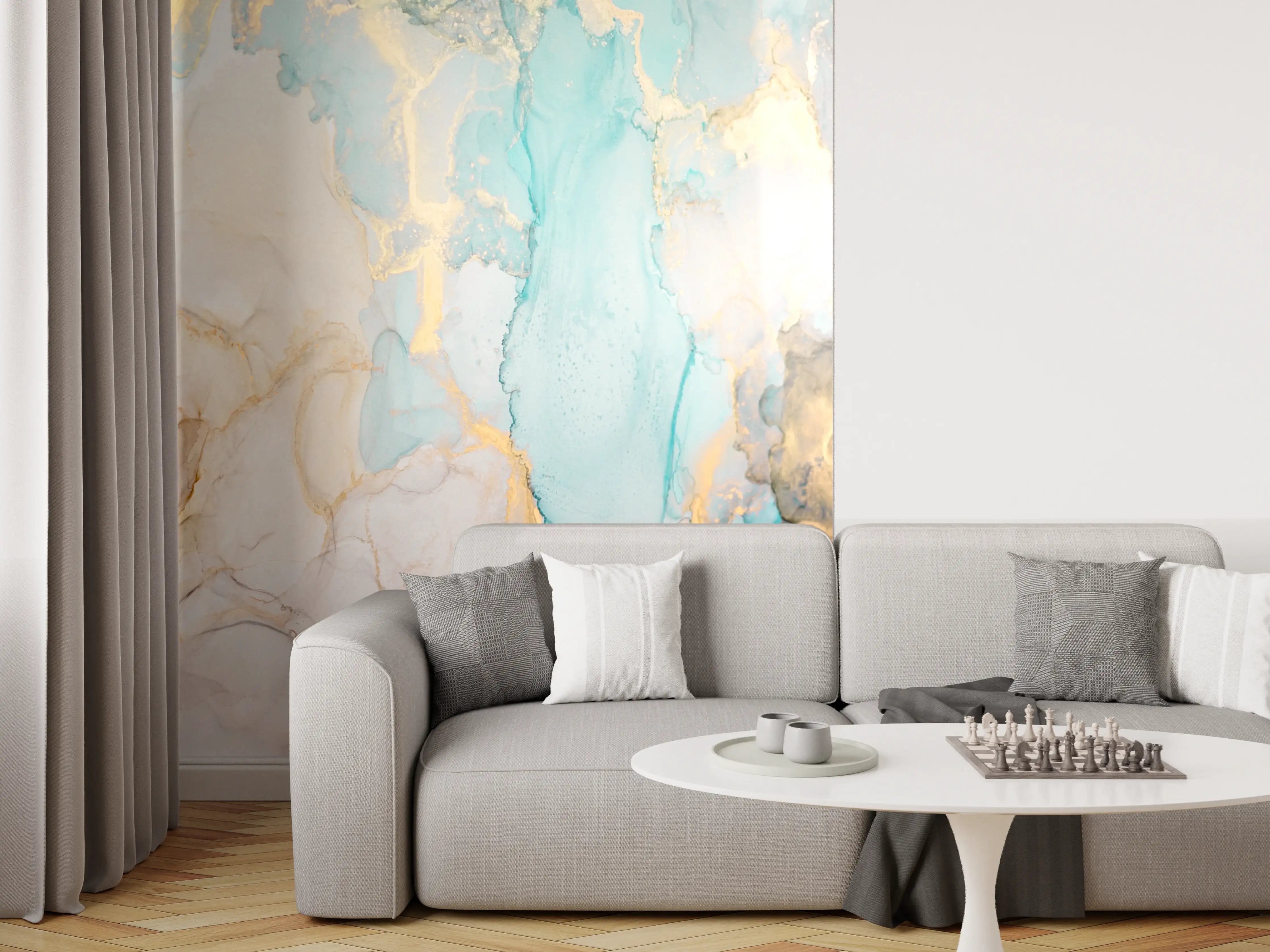 Wandverkleidung Wohnzimmer - Elegantes Wasserfarben-Muster mit goldenen Akzenten