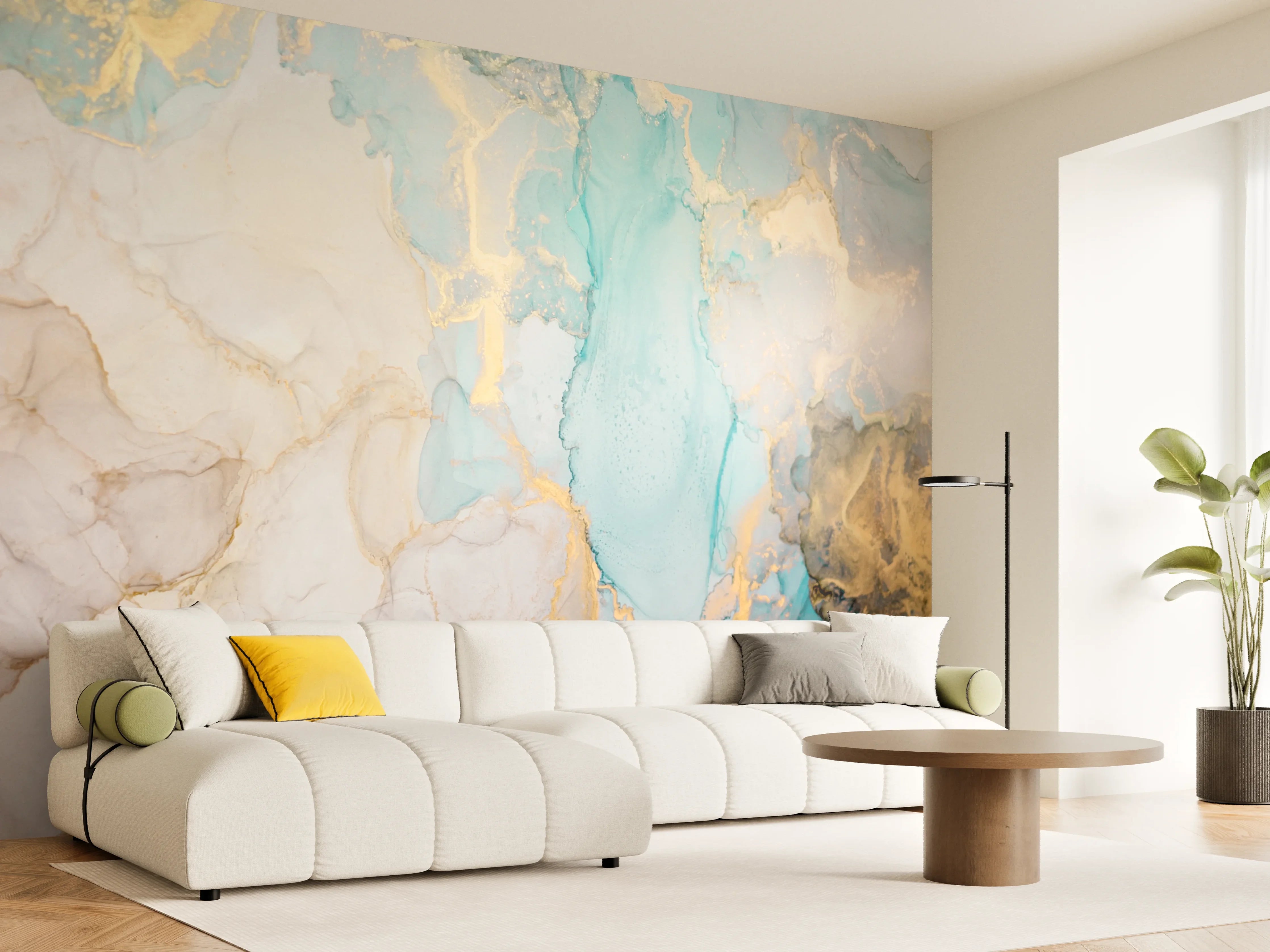 Wandverkleidung Wohnzimmer - Elegantes Wasserfarben-Muster mit goldenen Akzenten