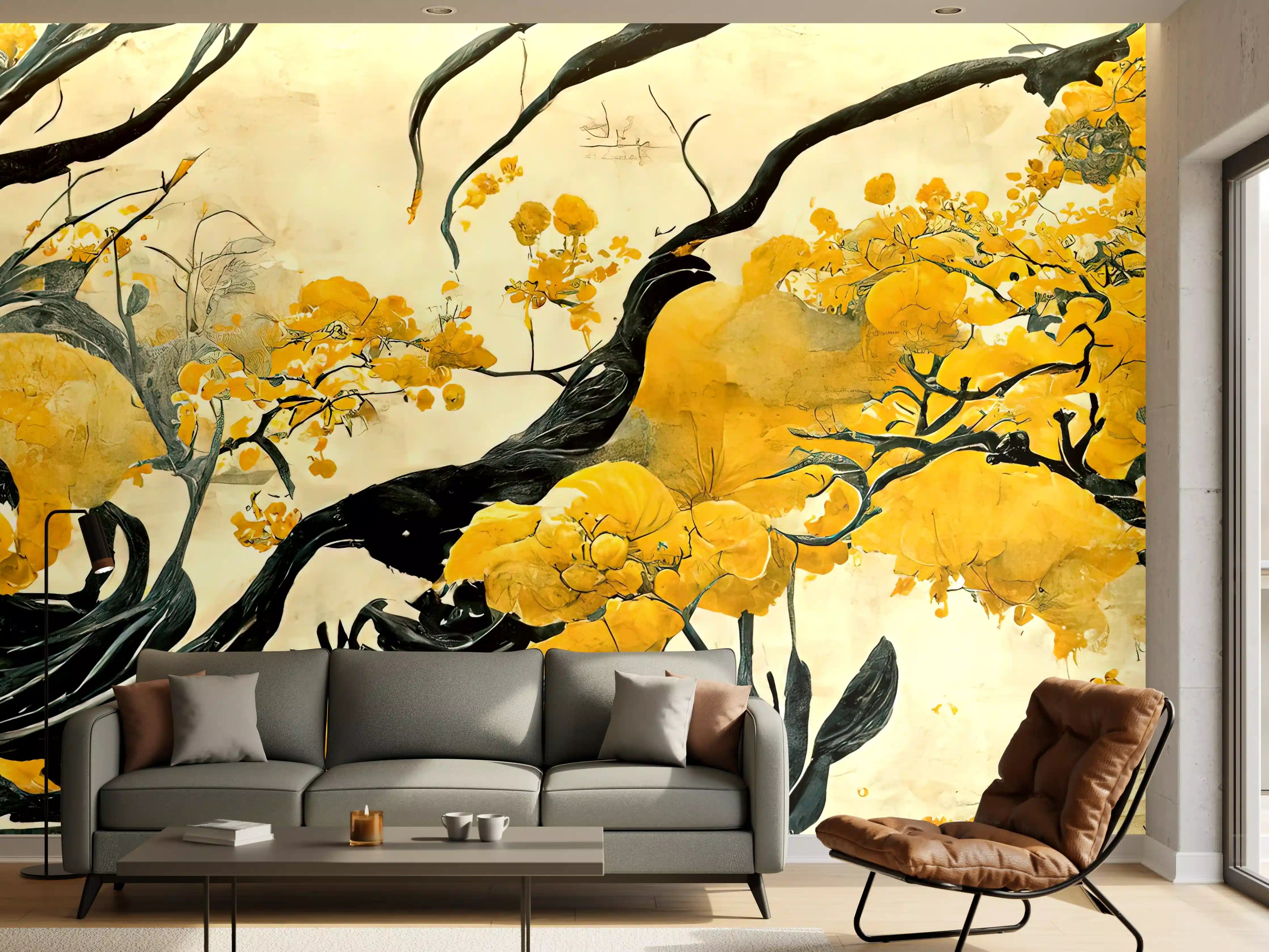 Wandverkleidung Wohnzimmer - Elegantes asiatisches Baum-Motiv mit goldgelben Blüten