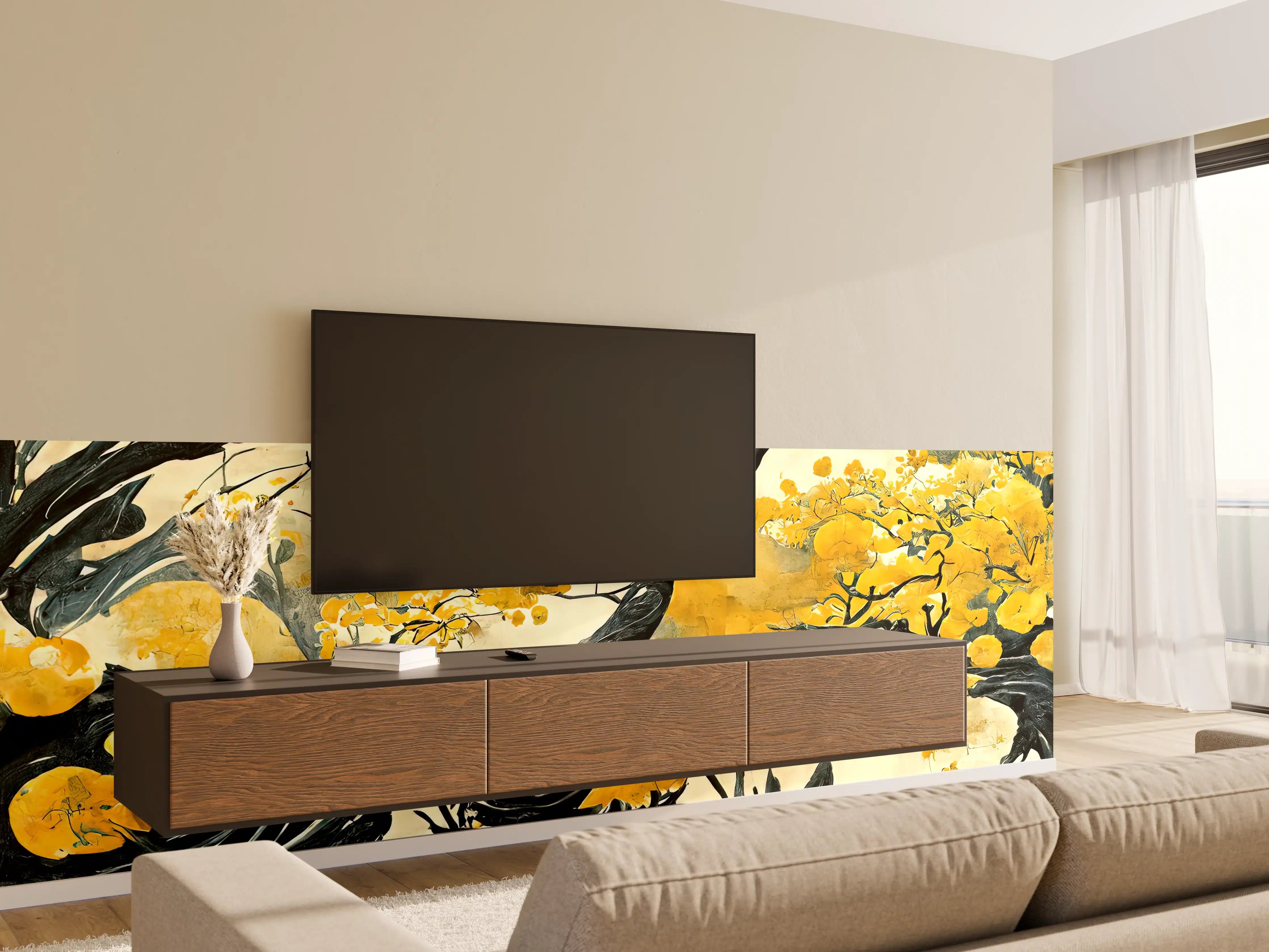 Wandverkleidung Wohnzimmer - Elegantes asiatisches Baum-Motiv mit goldgelben Blüten