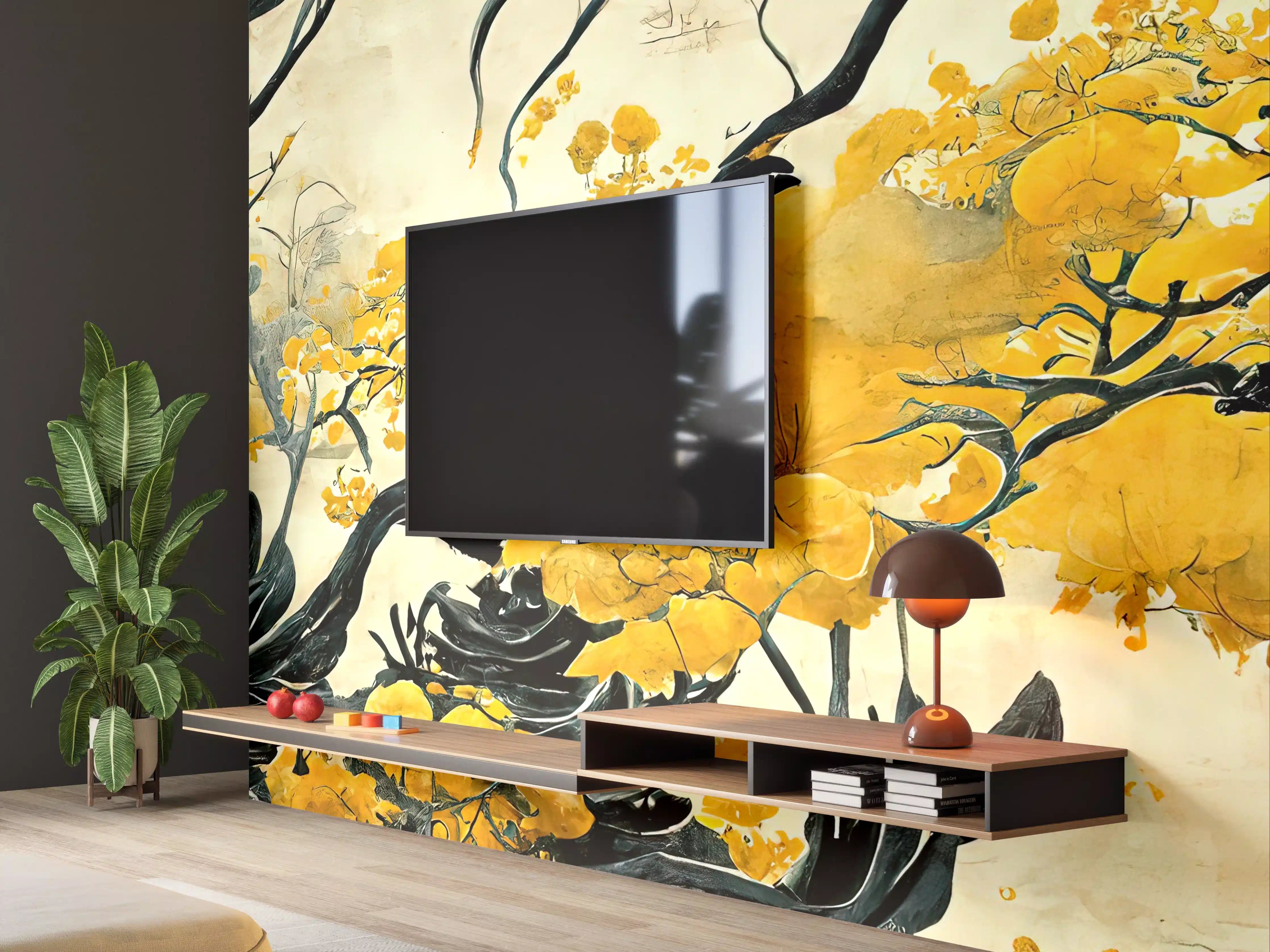 Wandverkleidung Wohnzimmer - Elegantes asiatisches Baum-Motiv mit goldgelben Blüten