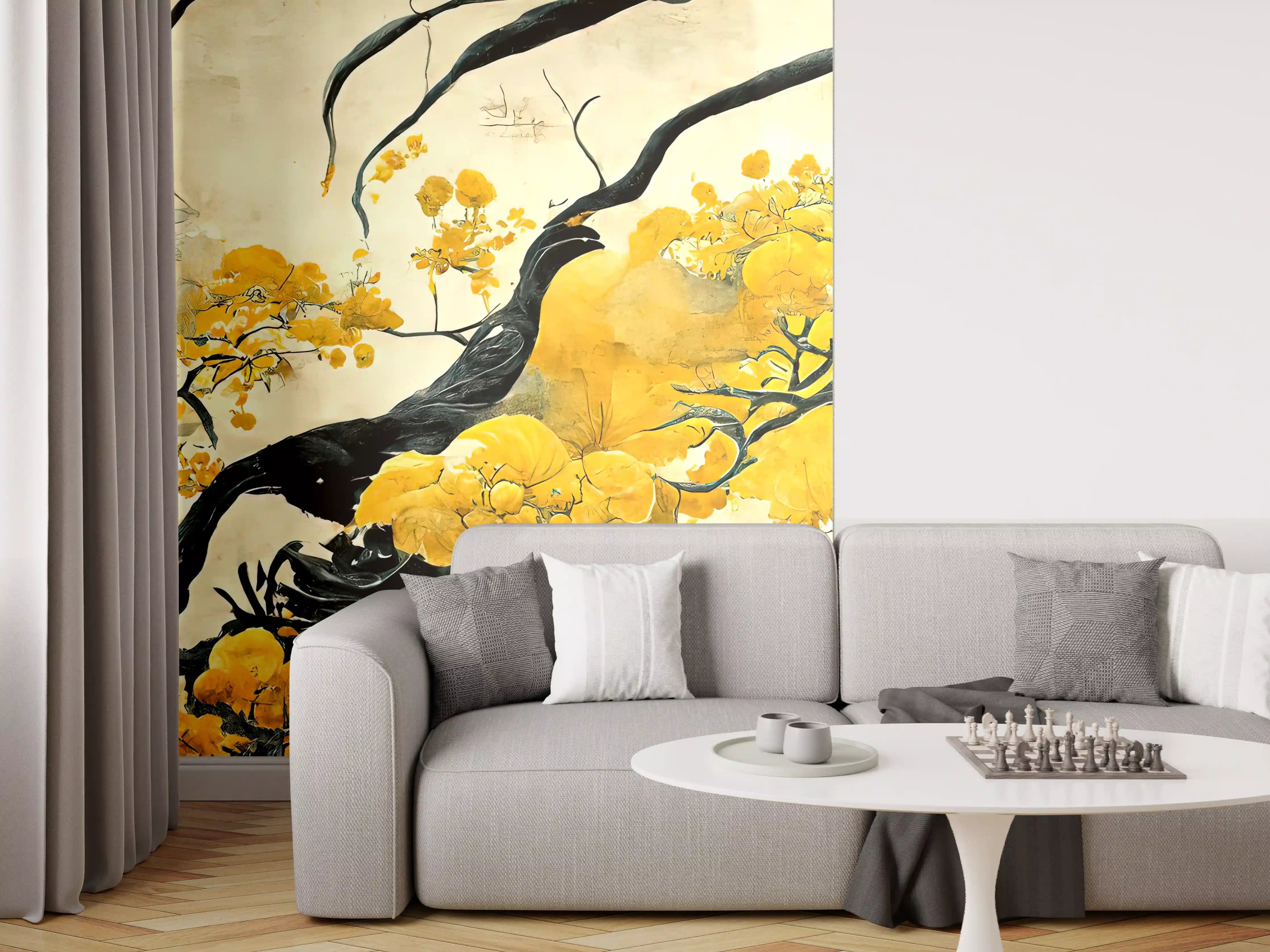 Wandverkleidung Wohnzimmer - Elegantes asiatisches Baum-Motiv mit goldgelben Blüten