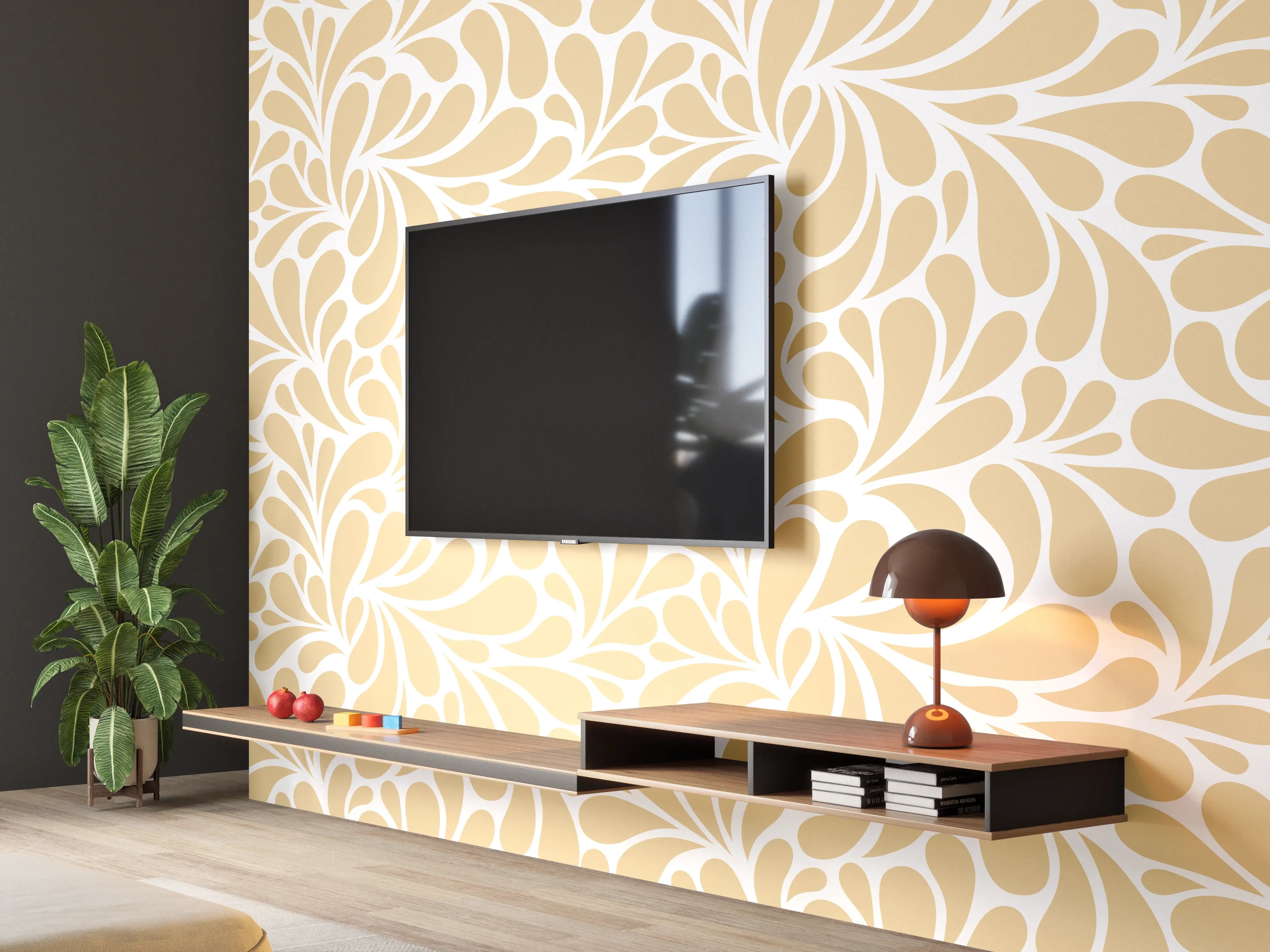Wandverkleidung Wohnzimmer - Elegantes beige Blättermuster für Wandgestaltung