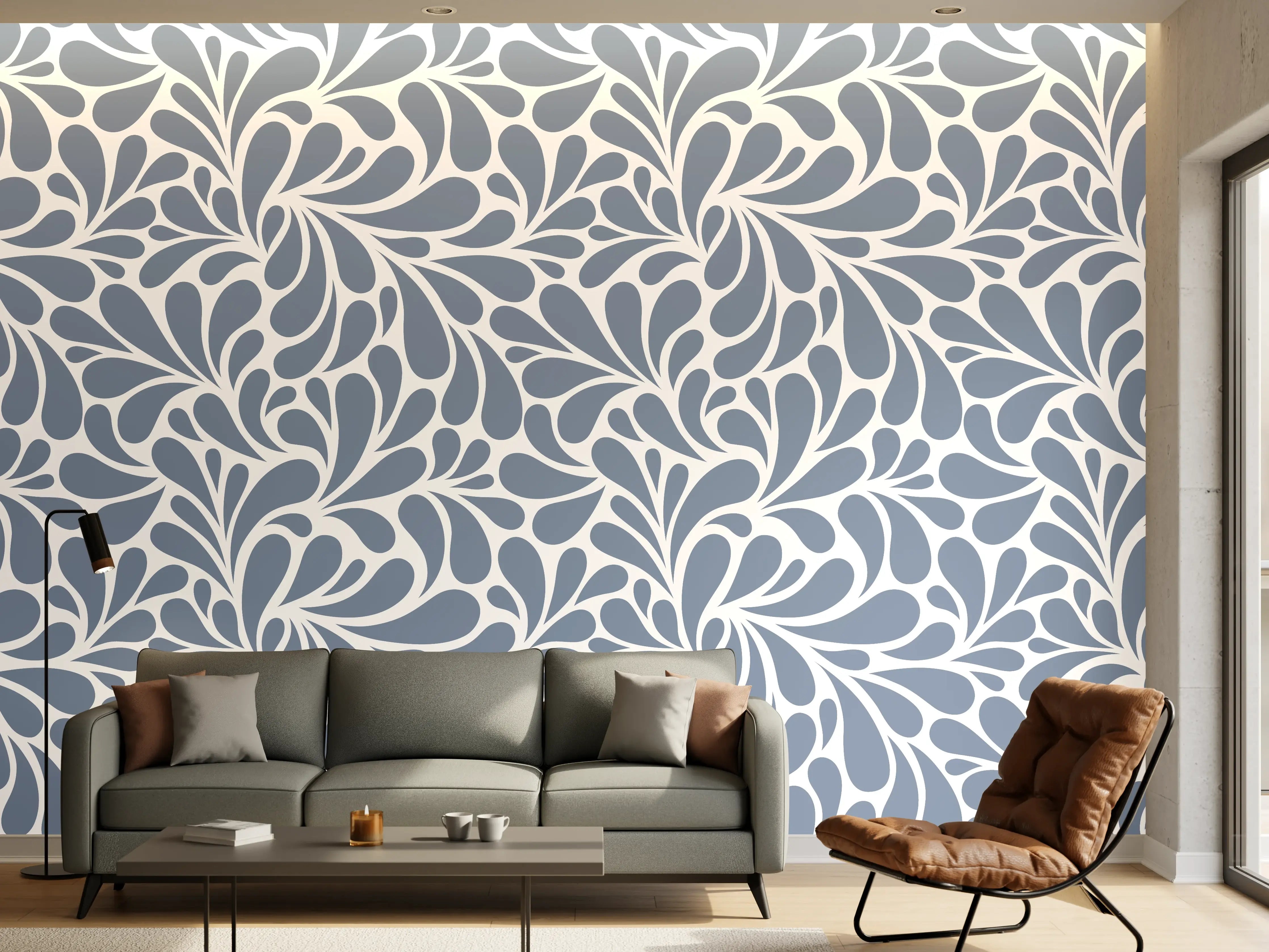 Wandverkleidung Wohnzimmer - Elegantes blaugraues Ornamentmuster
