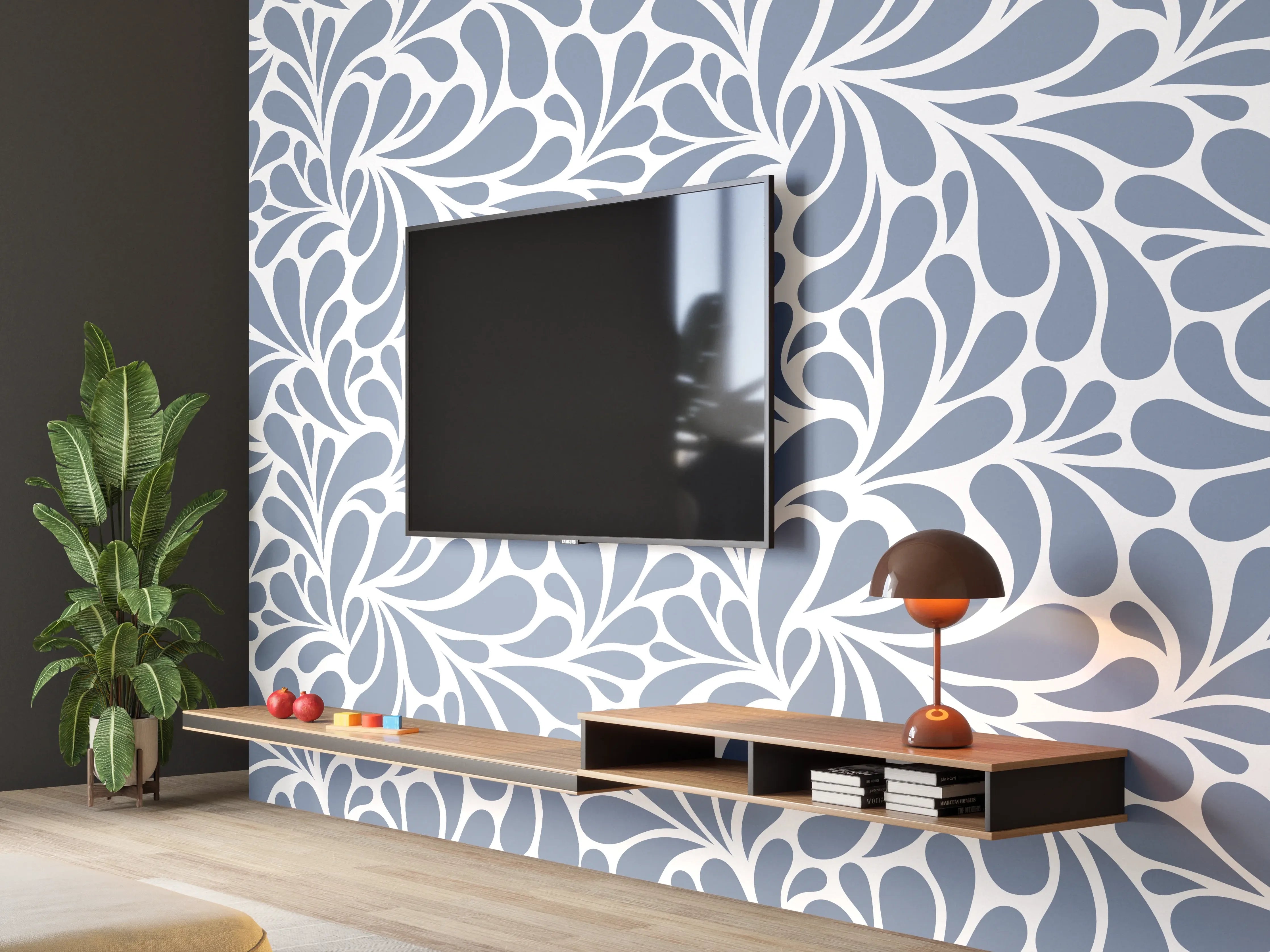 Wandverkleidung Wohnzimmer - Elegantes blaugraues Ornamentmuster