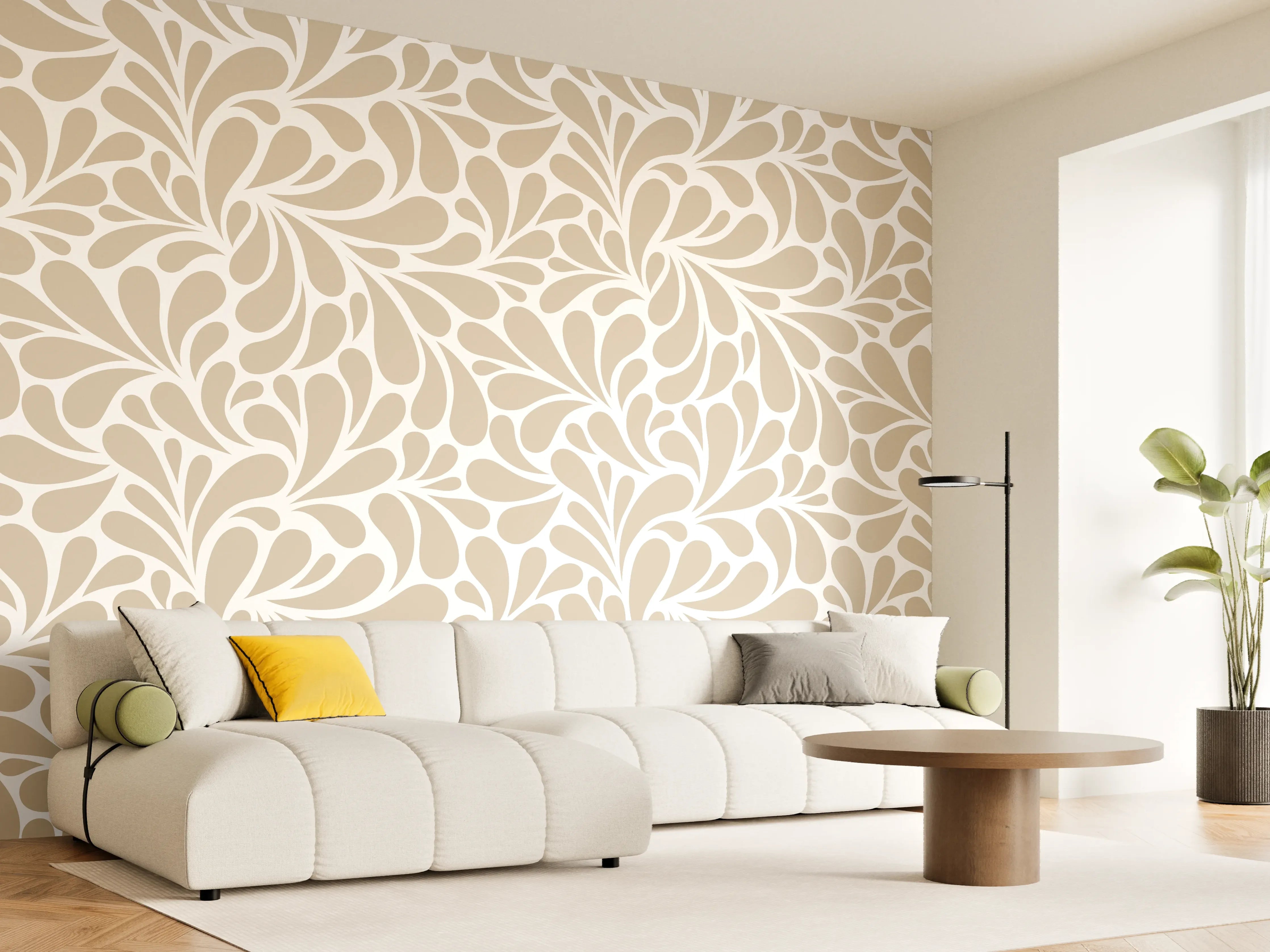 Wandverkleidung Wohnzimmer - Elegantes florales Design in Beige und Weiß