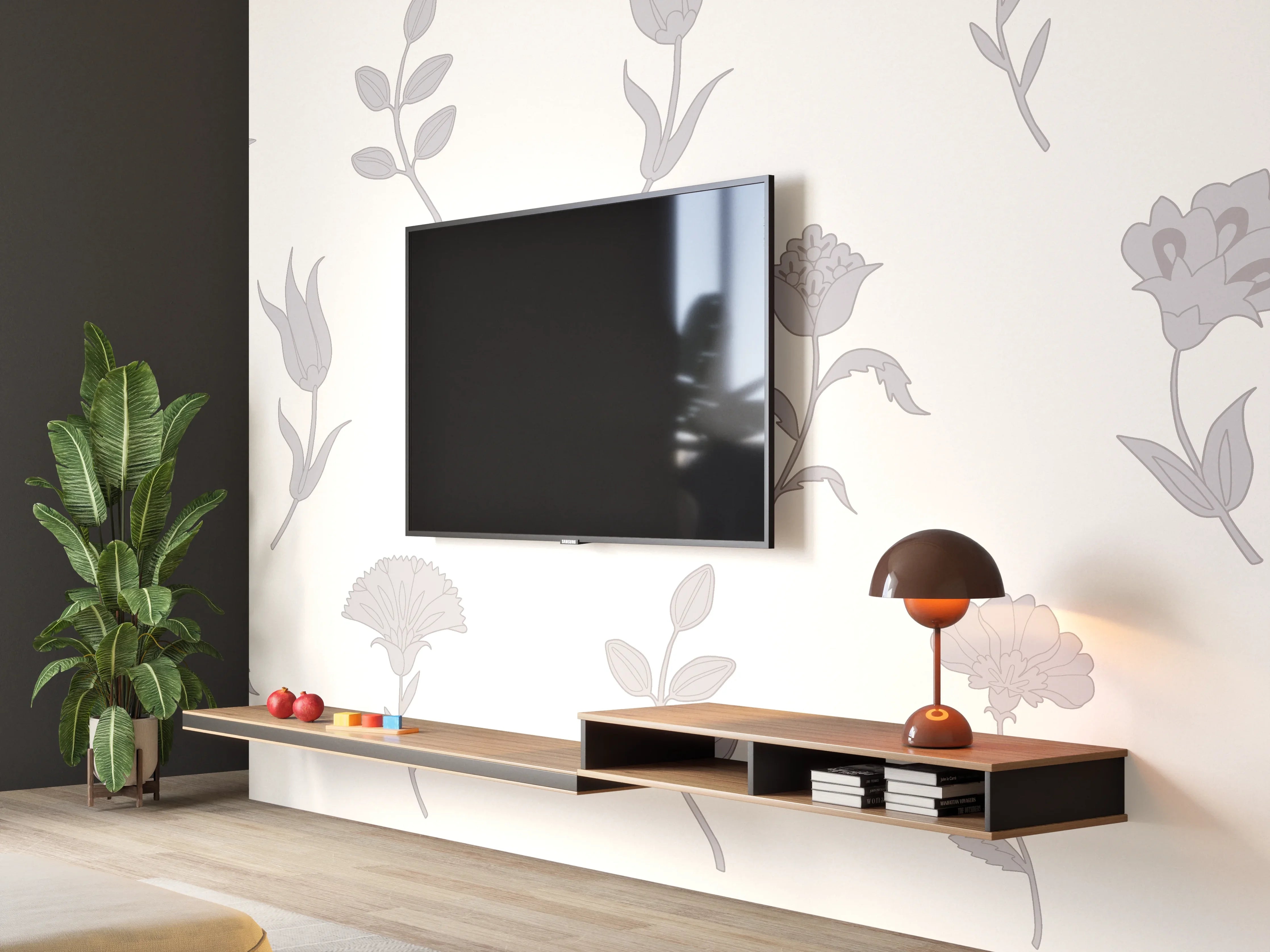 Wandverkleidung Wohnzimmer - Elegantes florales Design in Grau und Weiß