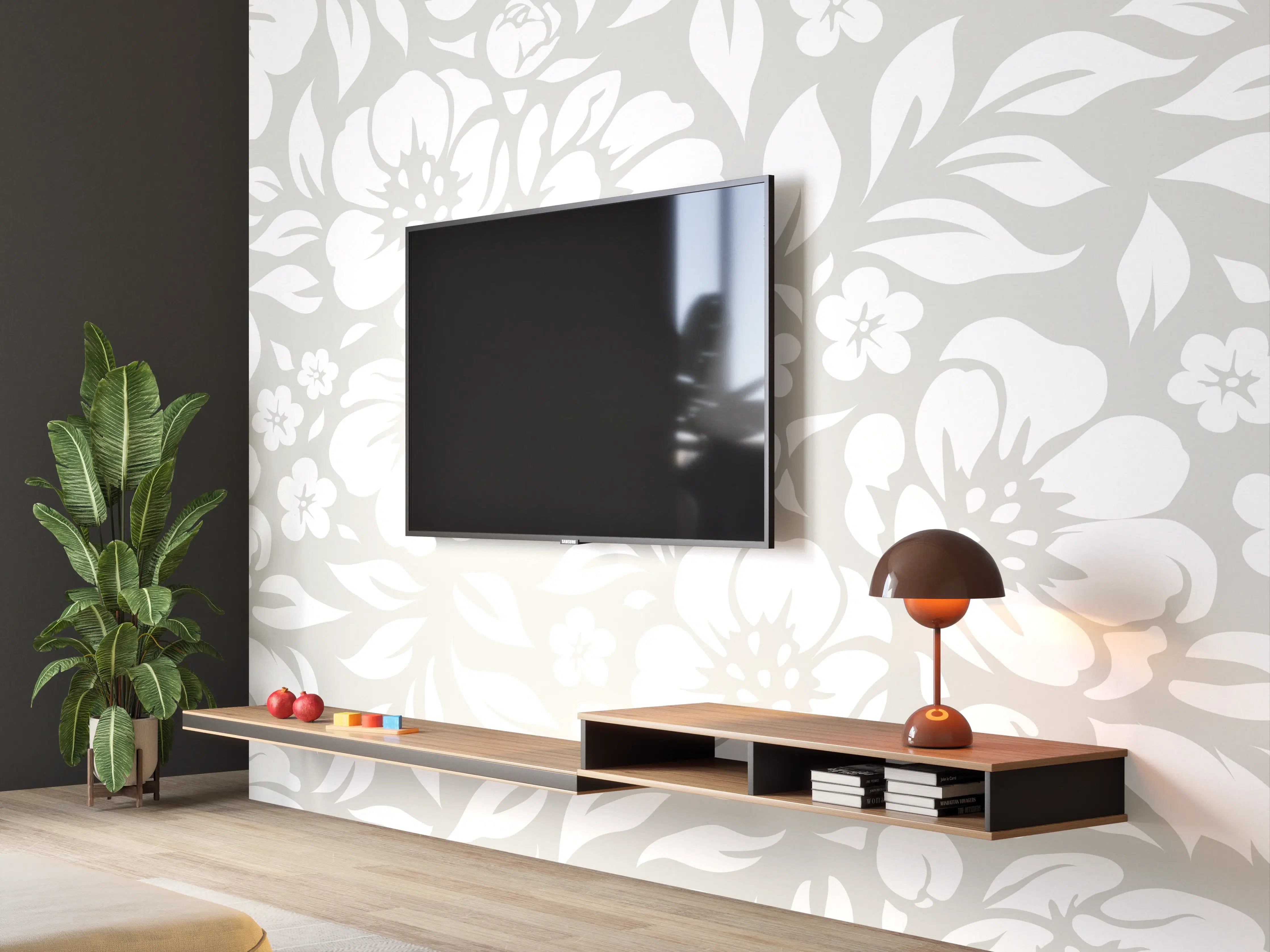 Wandverkleidung Wohnzimmer - Elegantes florales Muster in Weiß und Grau