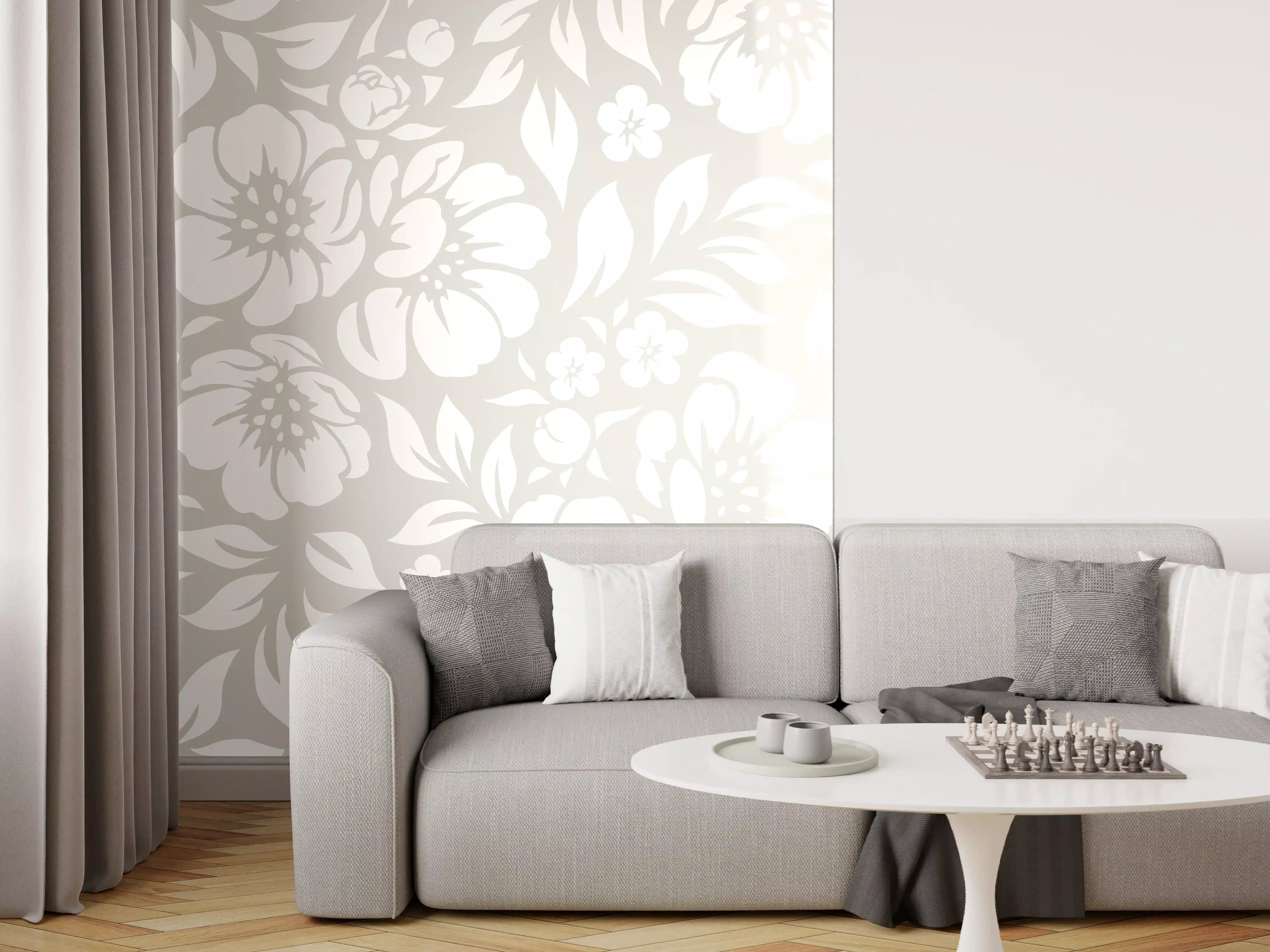 Wandverkleidung Wohnzimmer - Elegantes florales Muster in Weiß und Grau