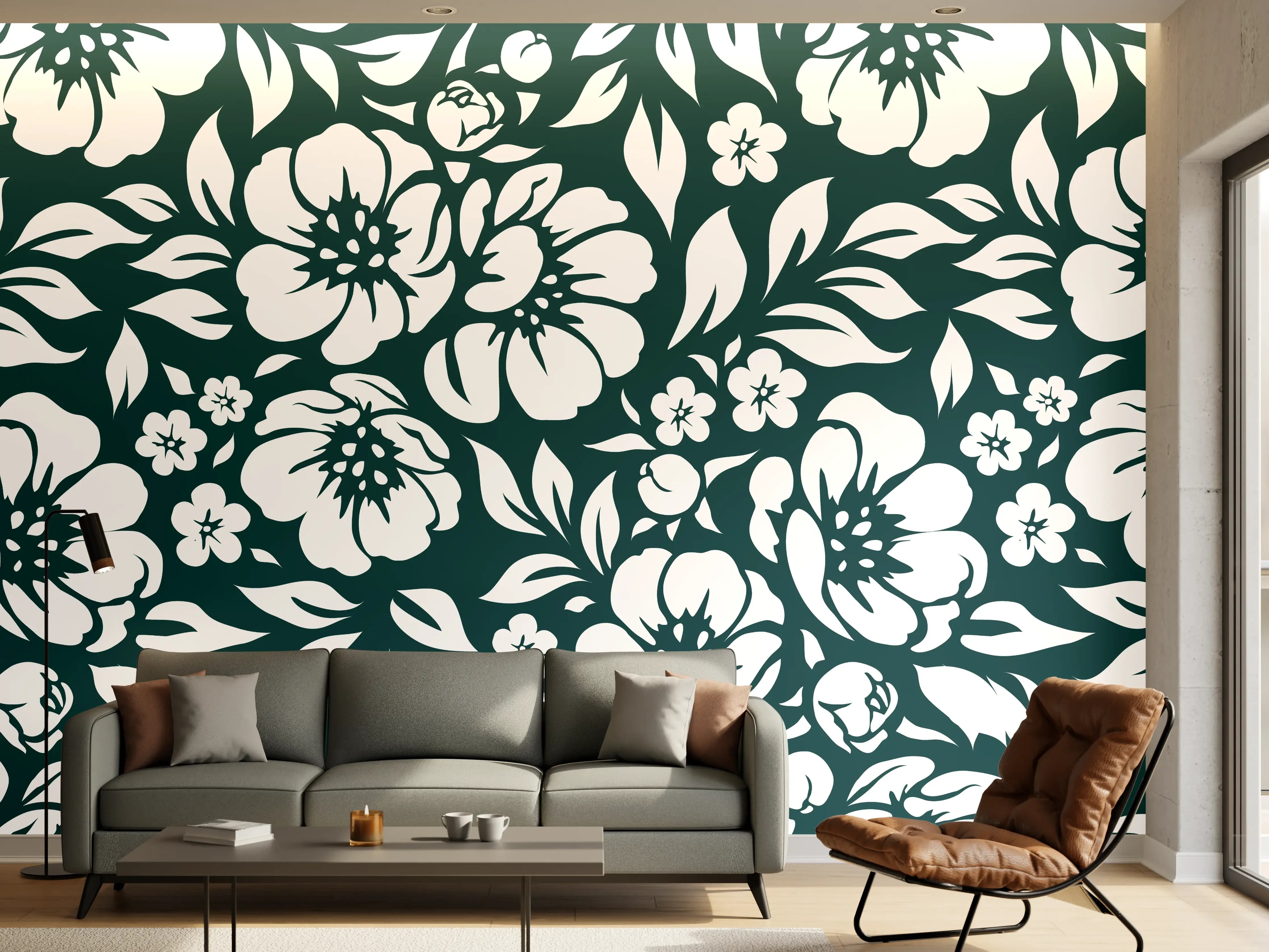 Wandverkleidung Wohnzimmer - Elegantes florales Muster mit dunklem Hintergrund