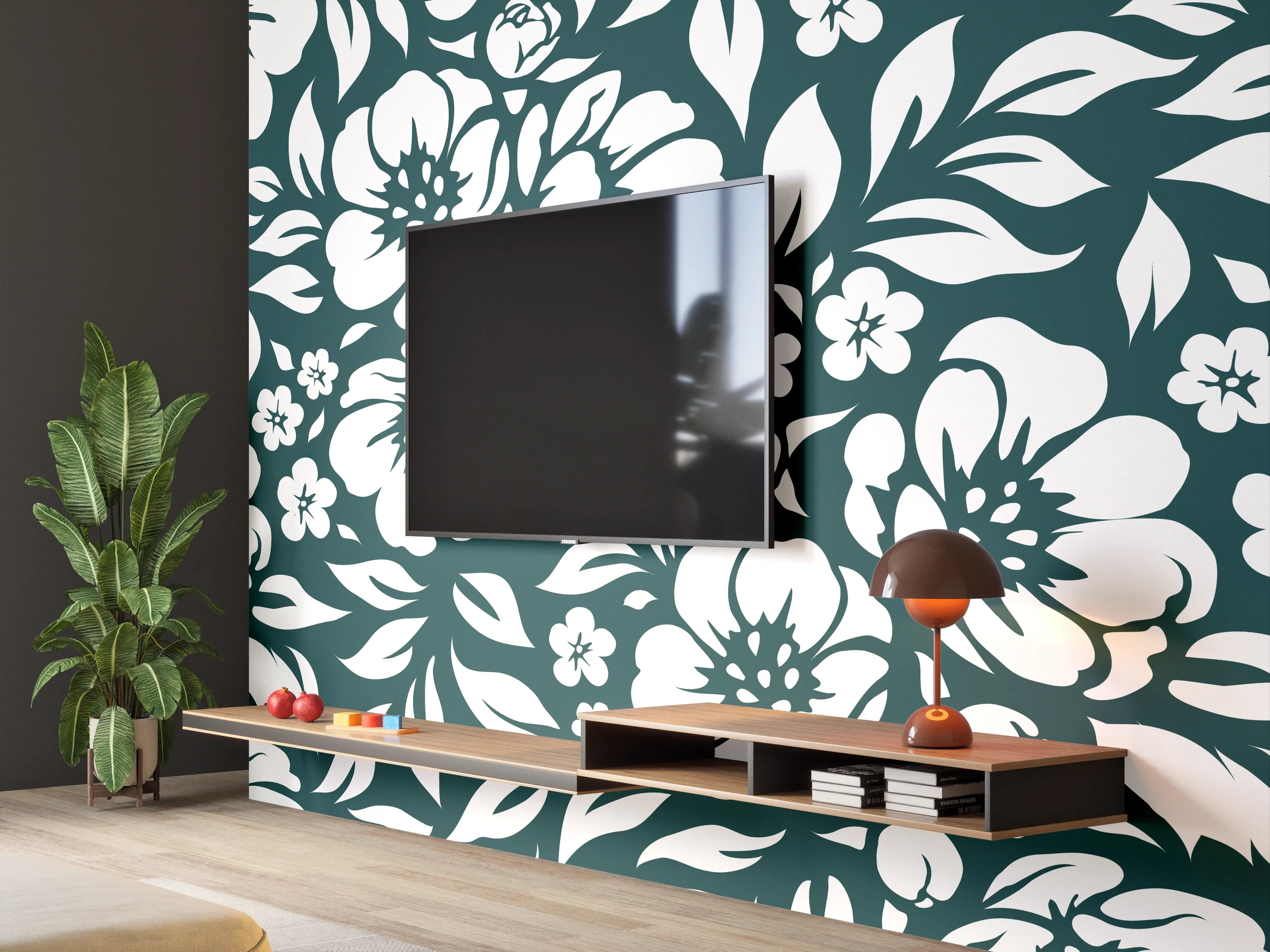 Wandverkleidung Wohnzimmer - Elegantes florales Muster mit dunklem Hintergrund