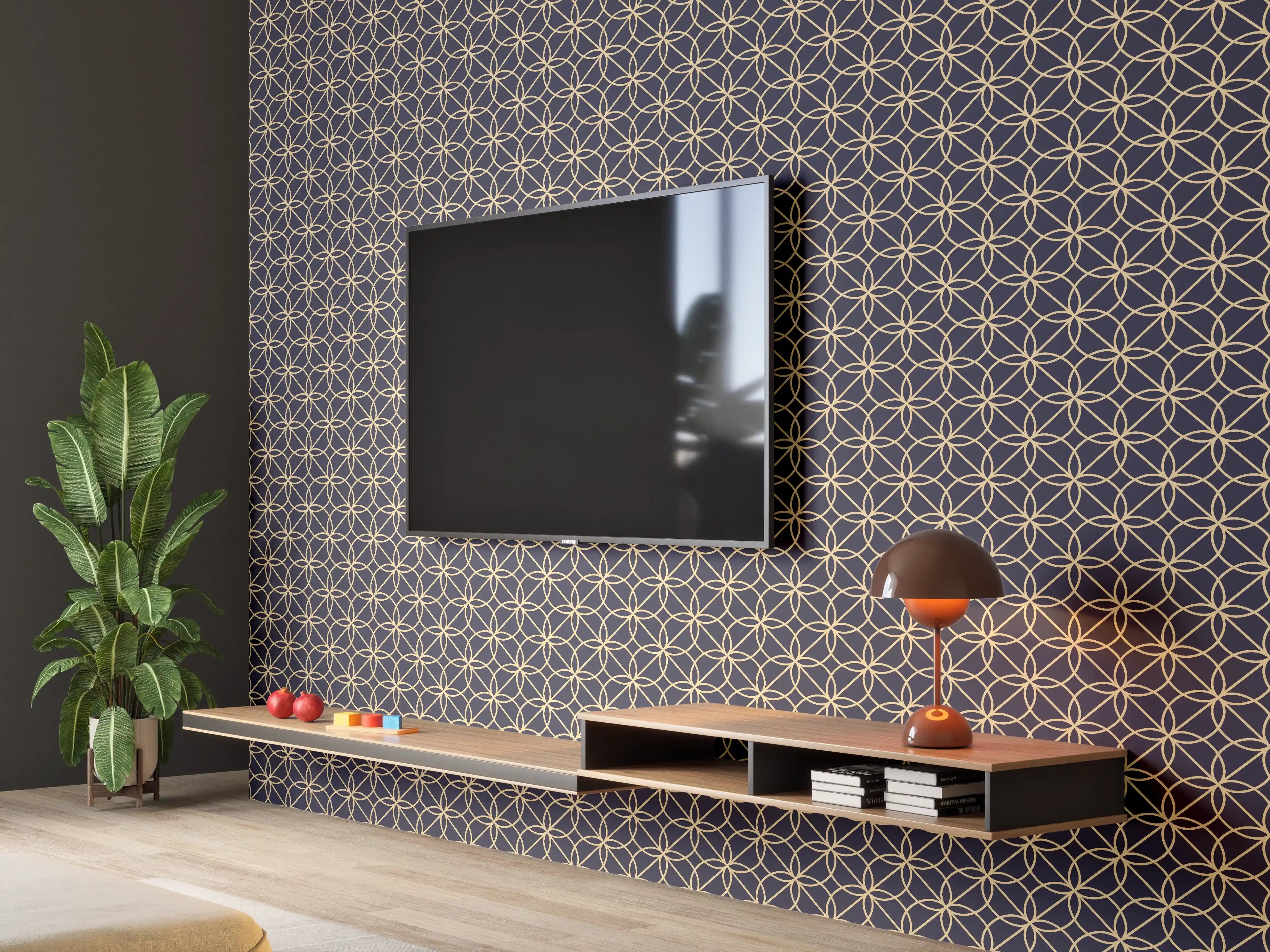 Wandverkleidung Wohnzimmer - Elegantes geometrisches Muster in Dunkelblau und Gold