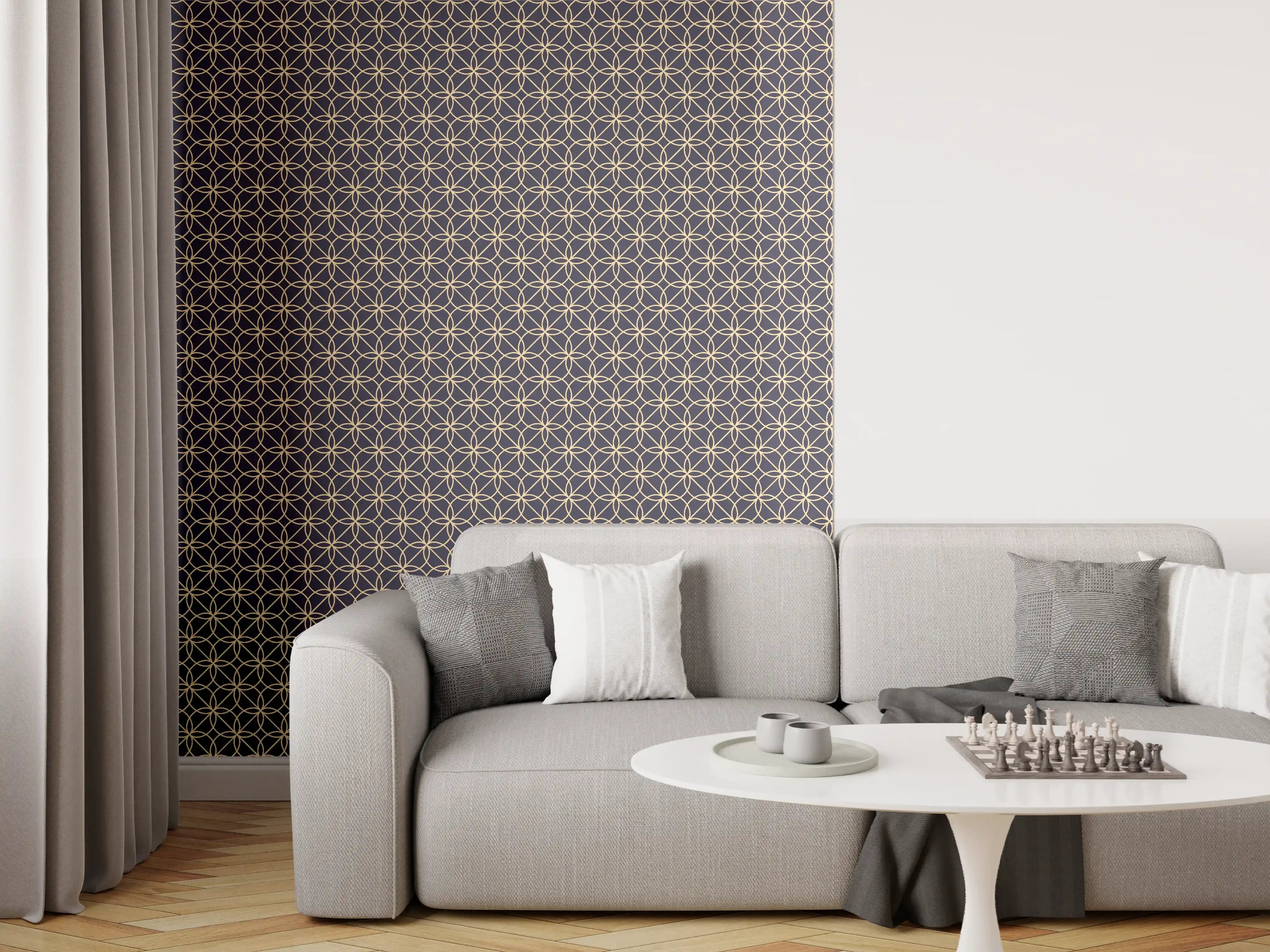 Wandverkleidung Wohnzimmer - Elegantes geometrisches Muster in Dunkelblau und Gold