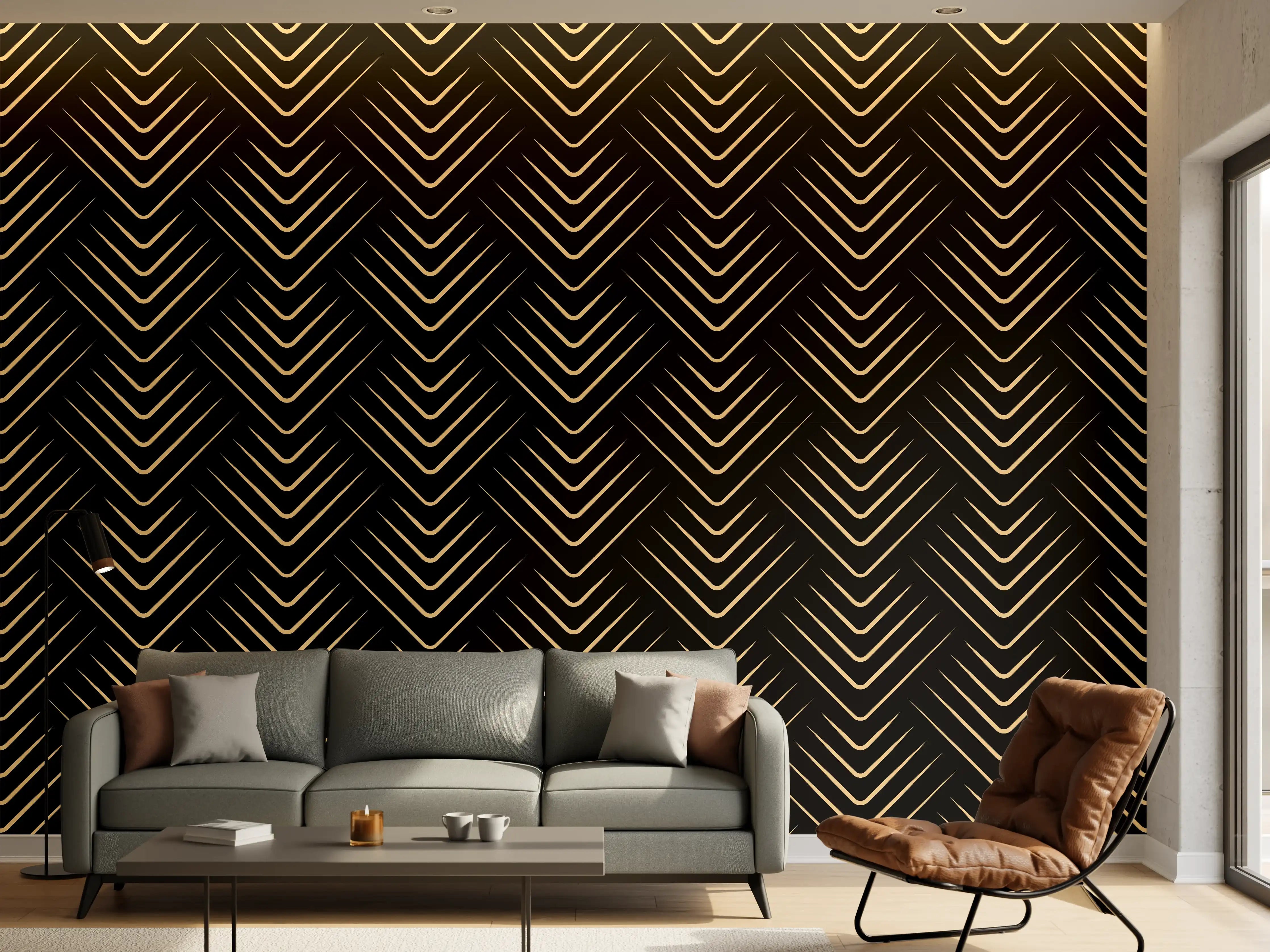 Wandverkleidung Wohnzimmer - Elegantes geometrisches Muster in Gold auf Schwarz
