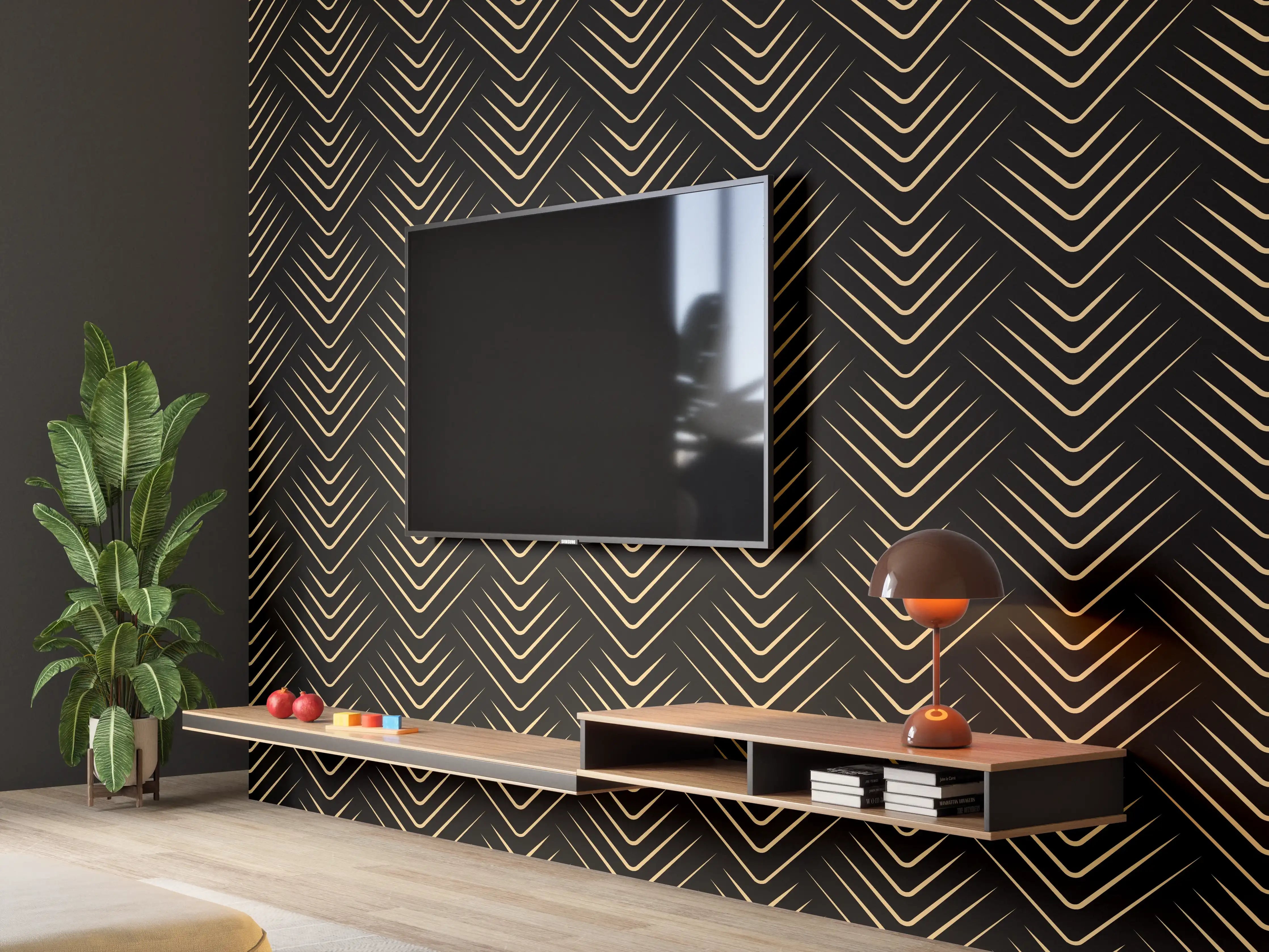 Wandverkleidung Wohnzimmer - Elegantes geometrisches Muster in Gold auf Schwarz