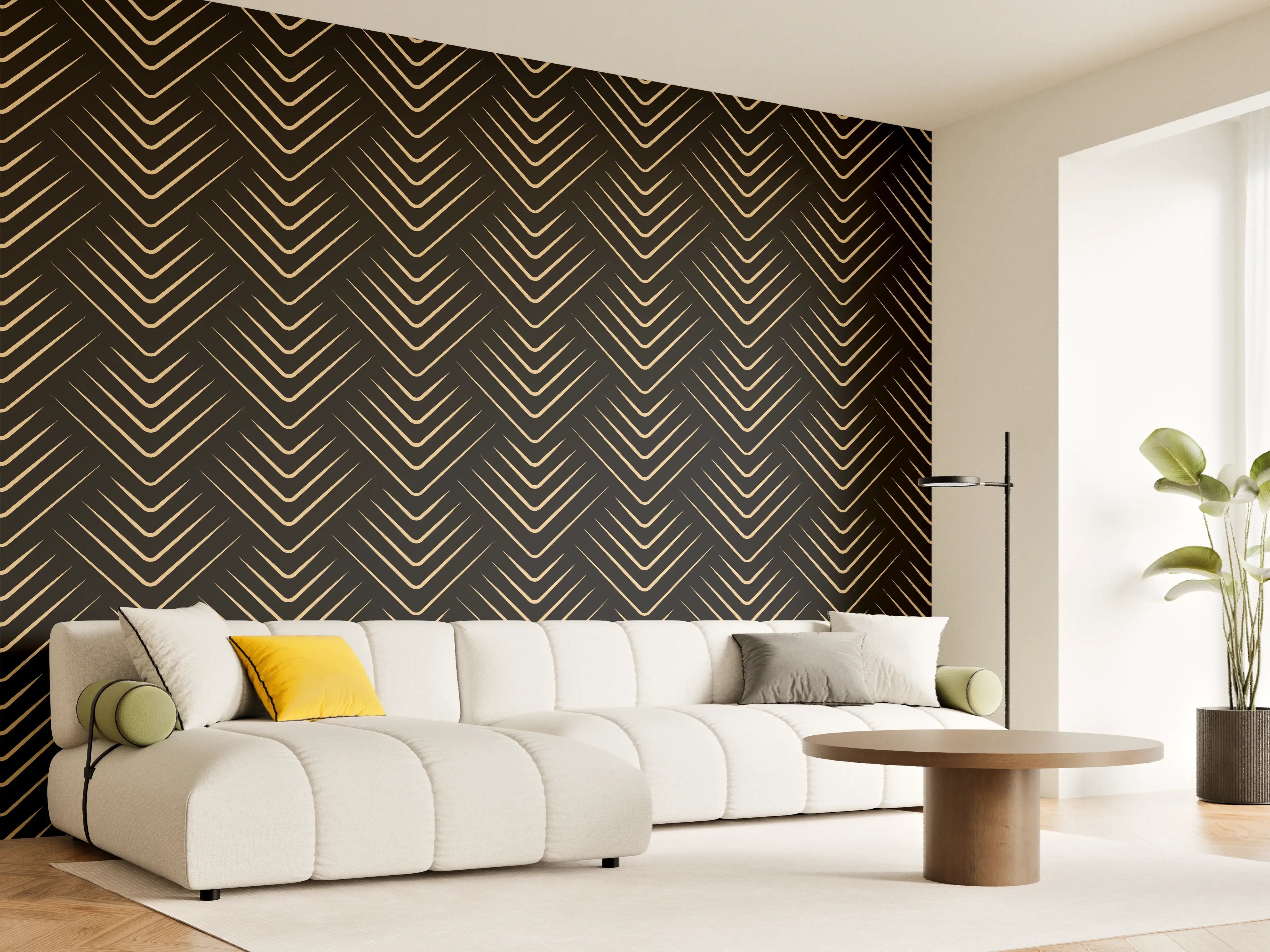 Wandverkleidung Wohnzimmer - Elegantes geometrisches Muster in Gold auf Schwarz