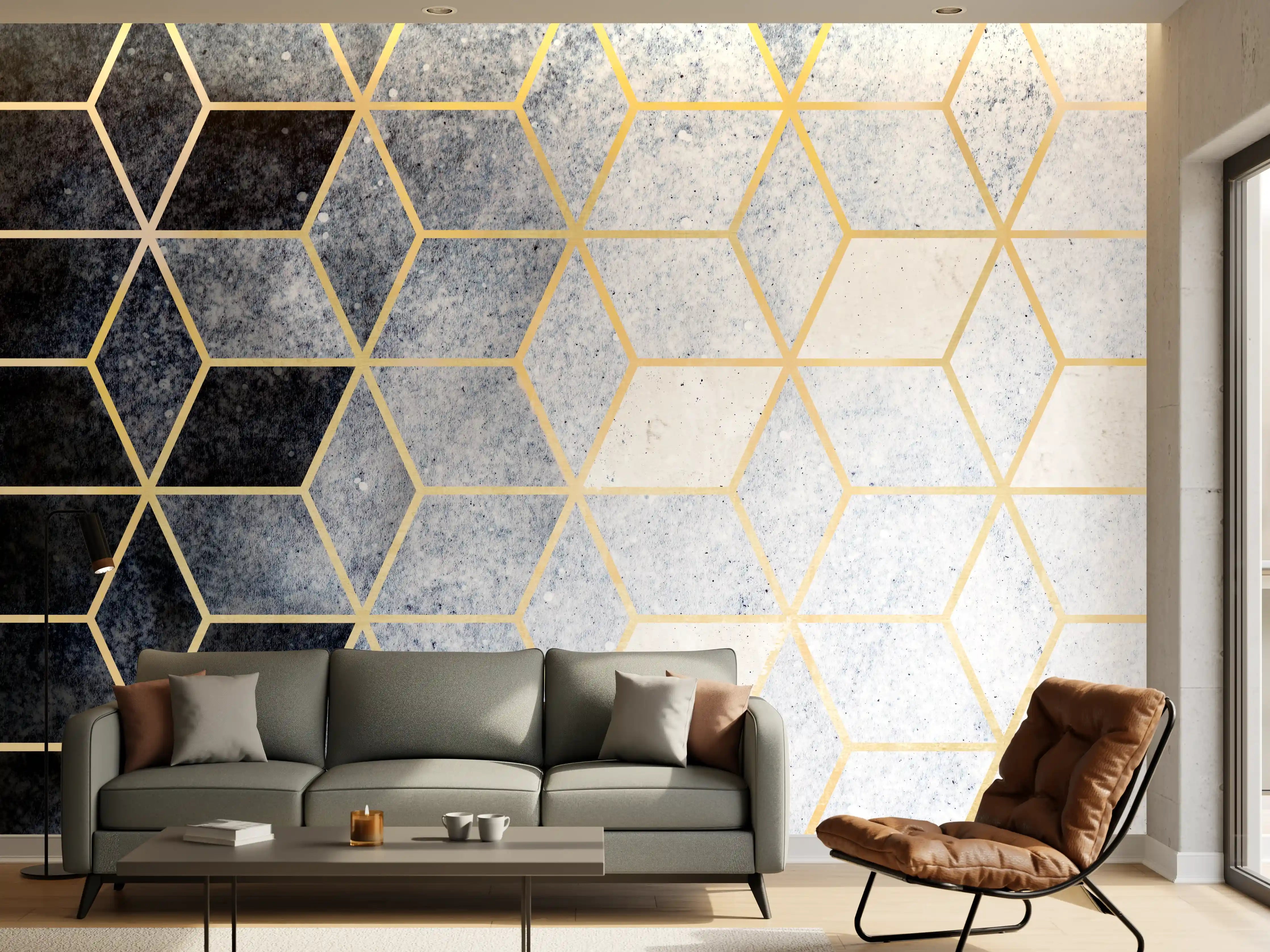 Wandverkleidung Wohnzimmer - Elegantes geometrisches Muster mit Goldakzenten