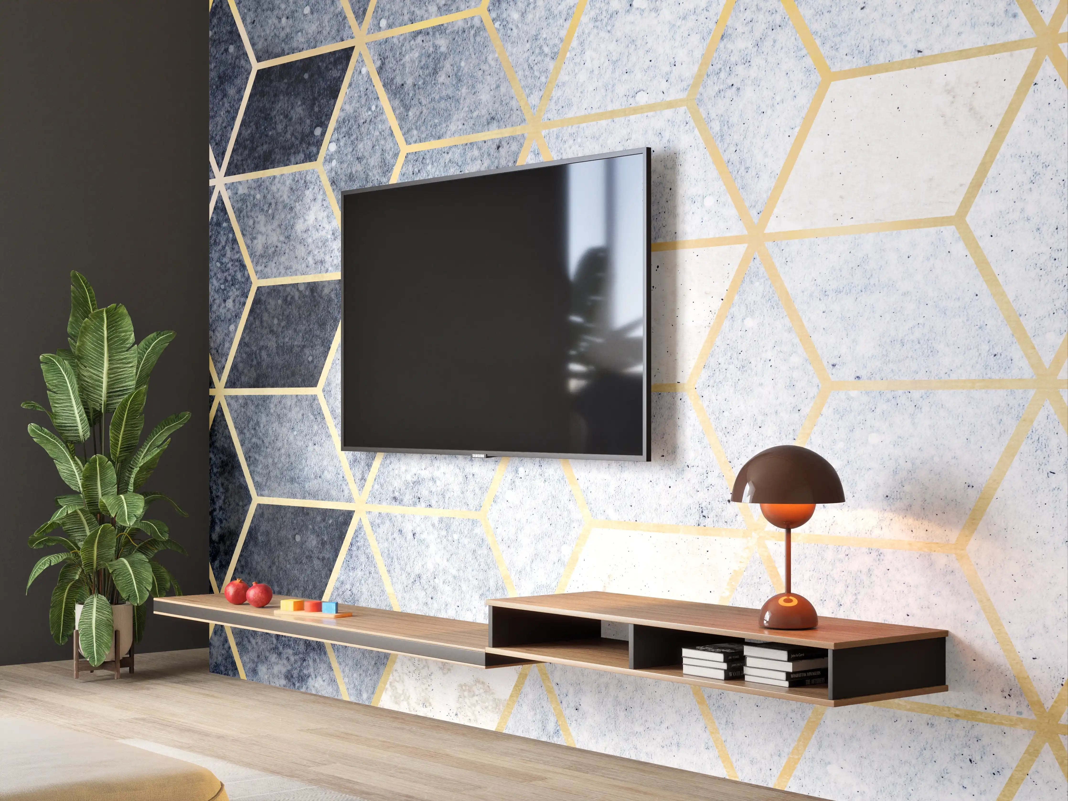 Wandverkleidung Wohnzimmer - Elegantes geometrisches Muster mit Goldakzenten