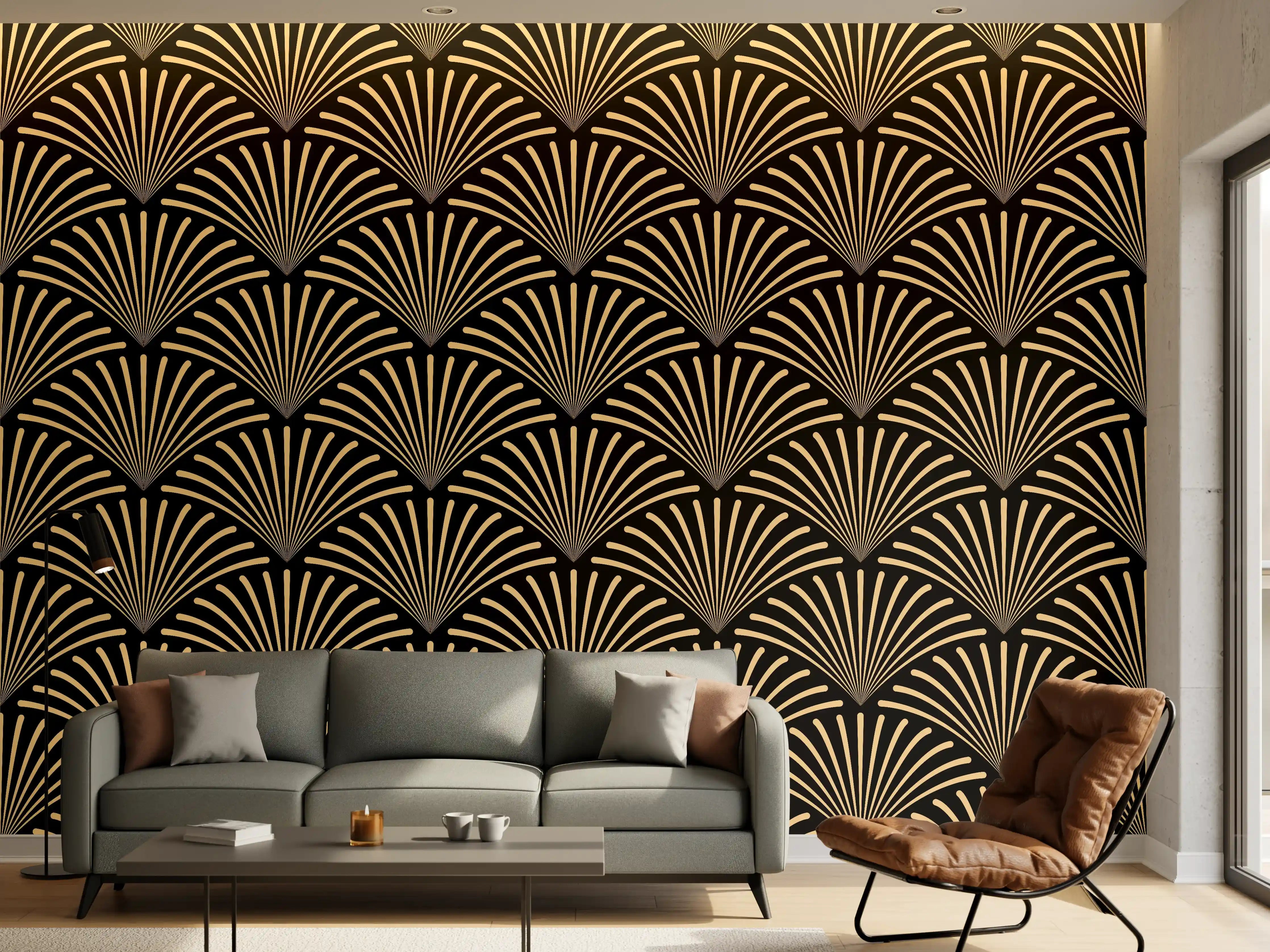 Wandverkleidung Wohnzimmer - Elegantes gold-schwarzes Muster mit geometrischem Design