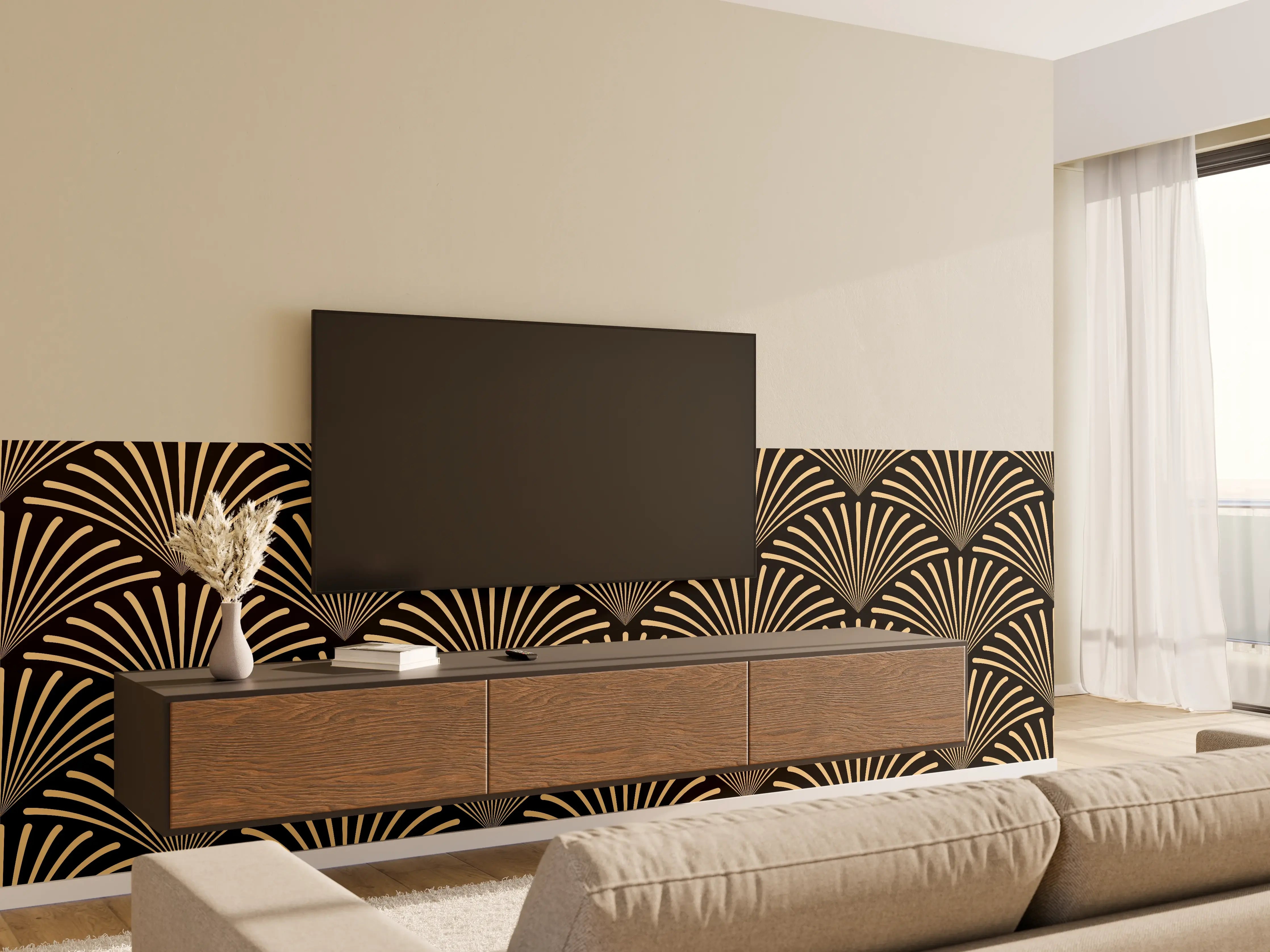 Wandverkleidung Wohnzimmer - Elegantes gold-schwarzes Muster mit geometrischem Design