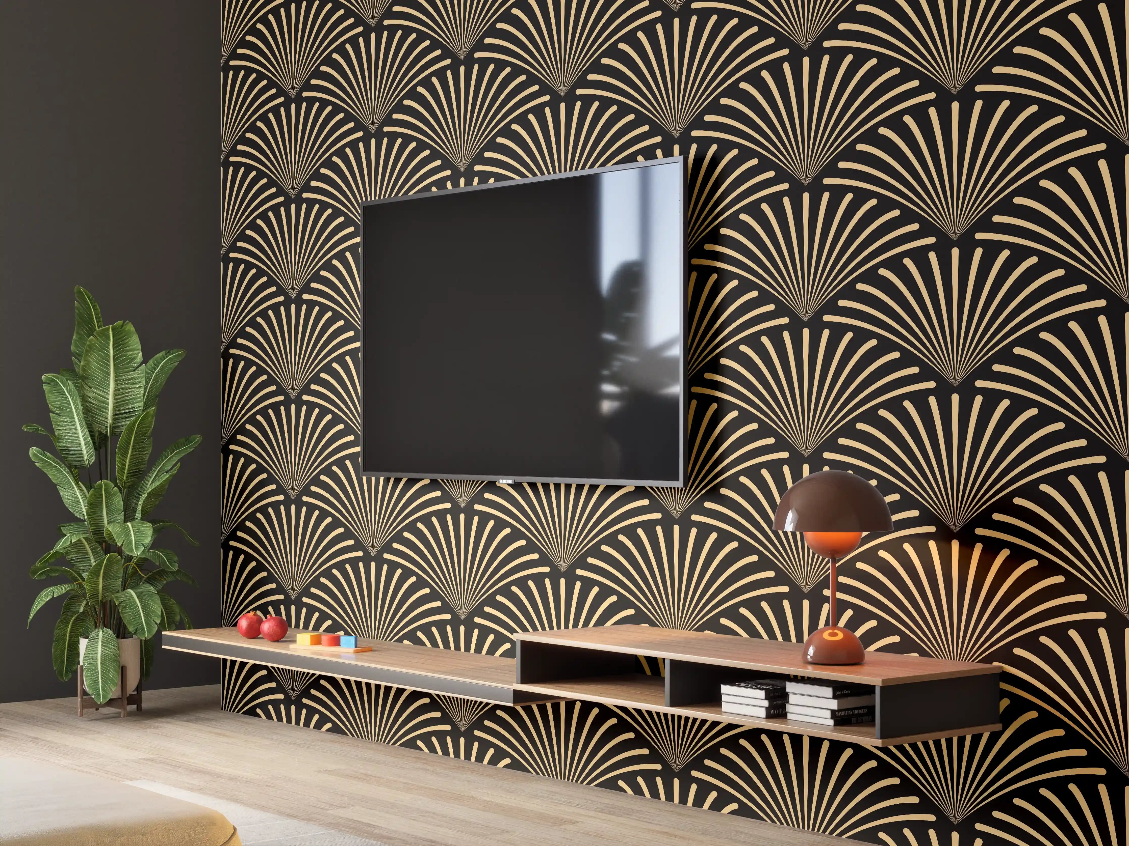 Wandverkleidung Wohnzimmer - Elegantes gold-schwarzes Muster mit geometrischem Design