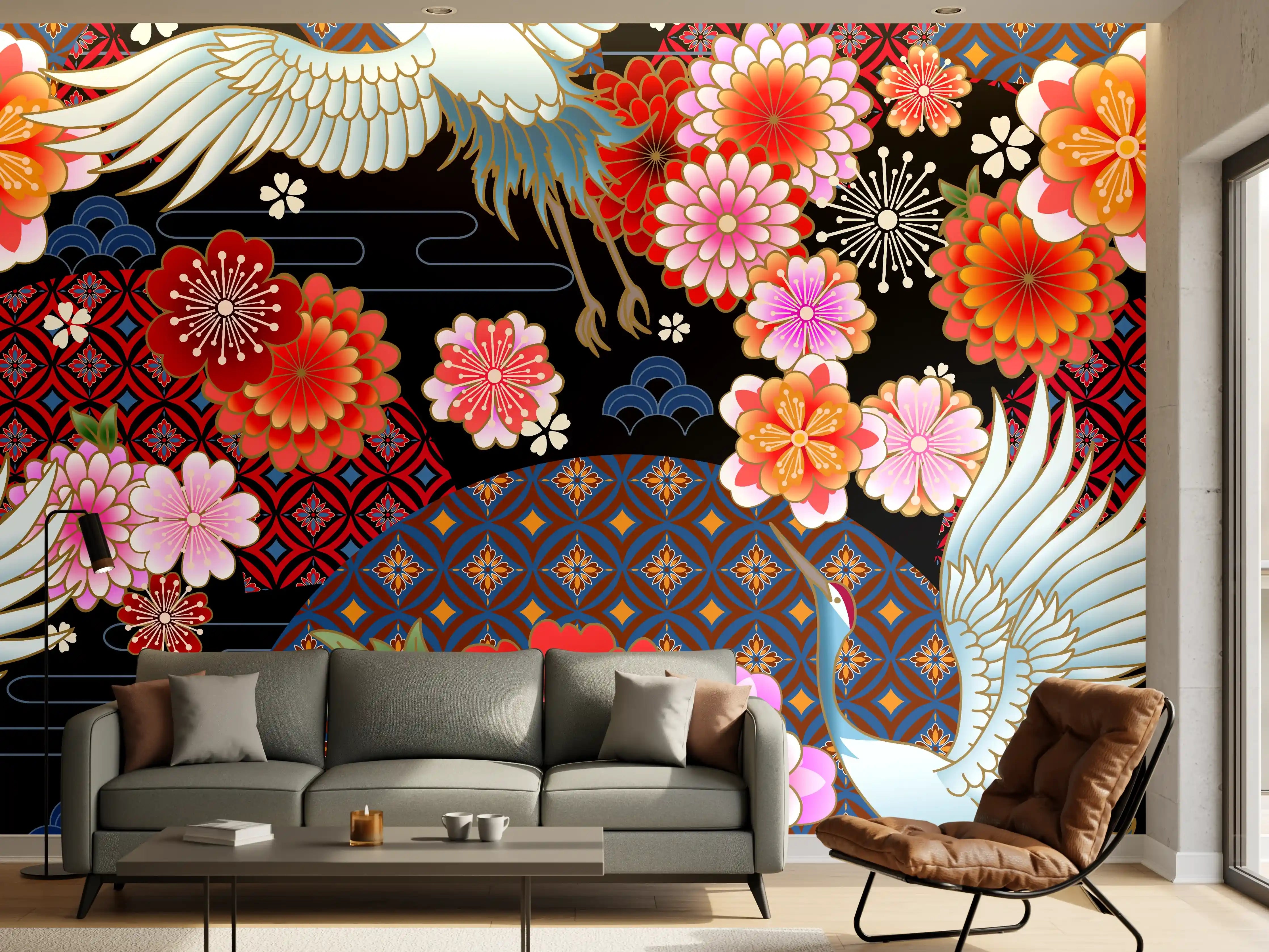 Wandverkleidung Wohnzimmer - Elegantes japanisches Motiv mit Kranichen und Blumen