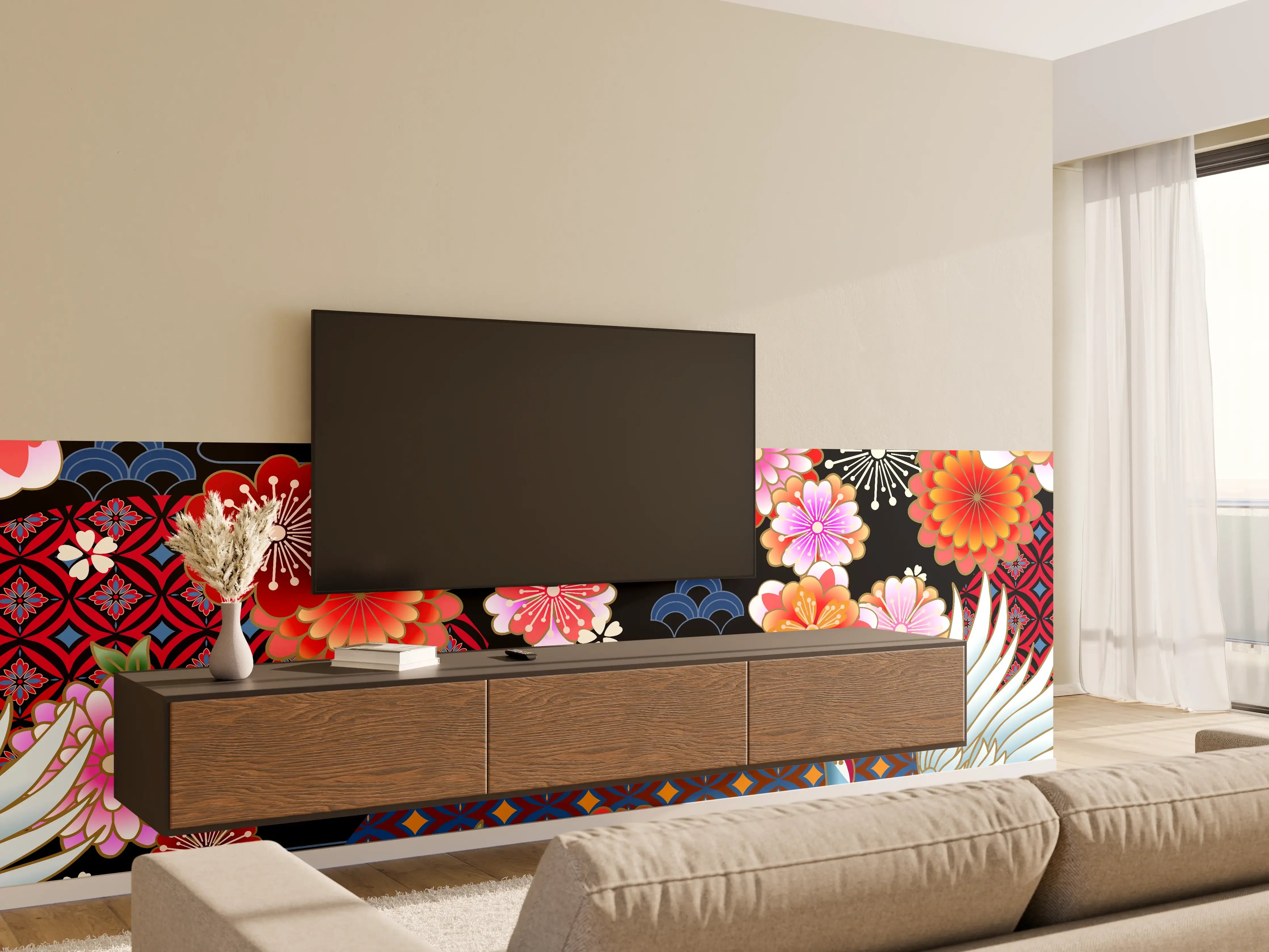 Wandverkleidung Wohnzimmer - Elegantes japanisches Motiv mit Kranichen und Blumen