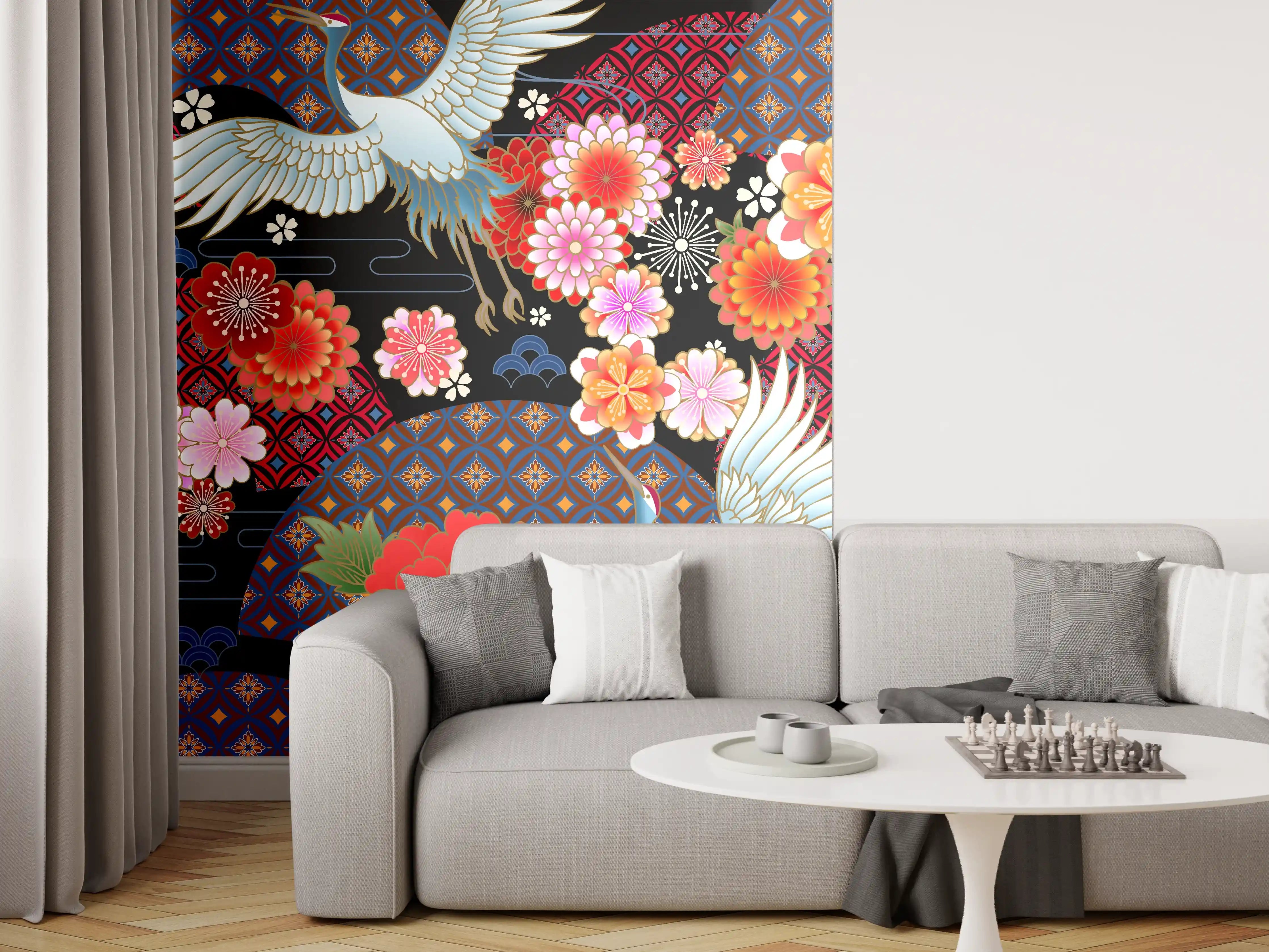 Wandverkleidung Wohnzimmer - Elegantes japanisches Motiv mit Kranichen und Blumen