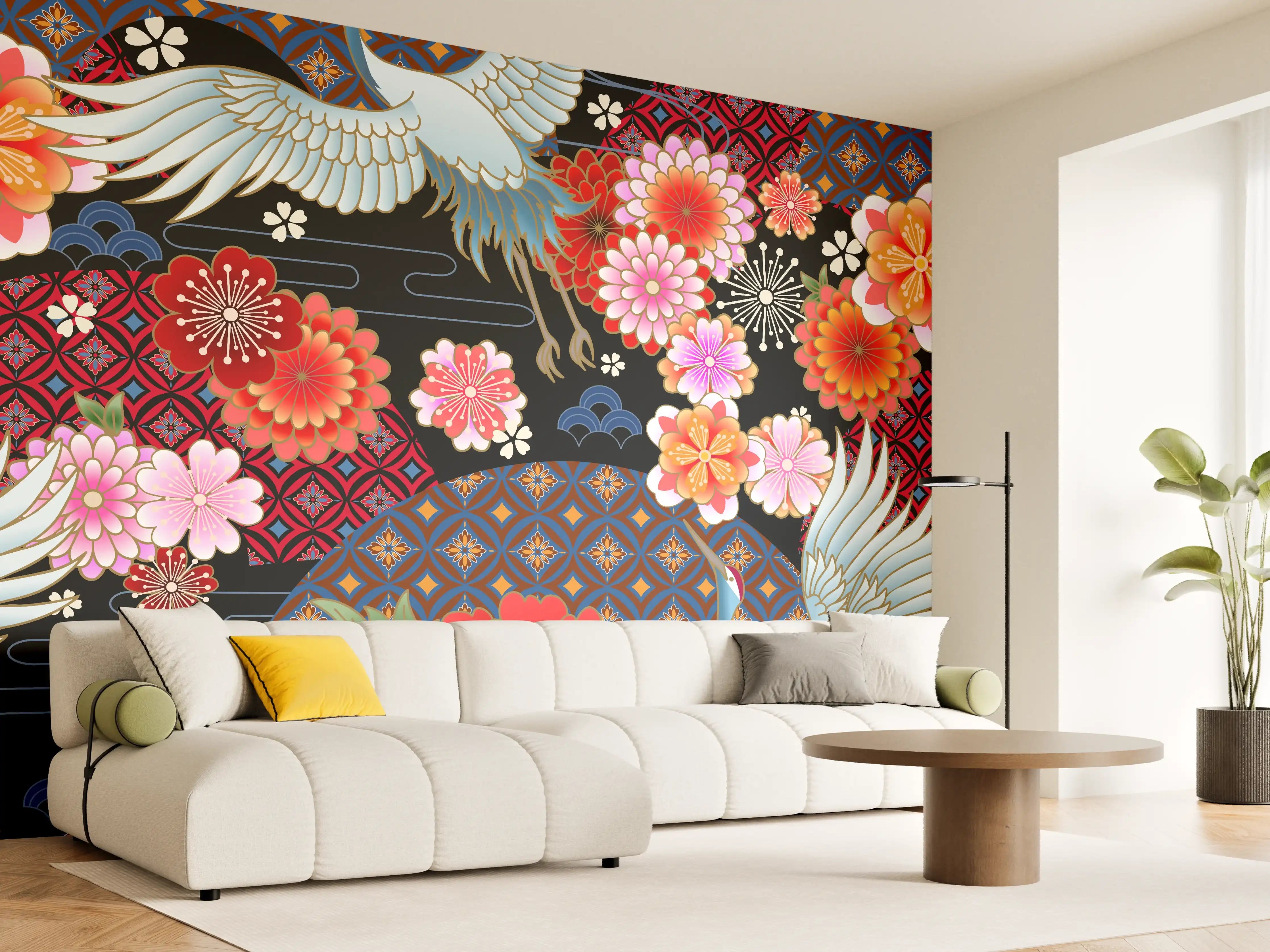 Wandverkleidung Wohnzimmer - Elegantes japanisches Motiv mit Kranichen und Blumen