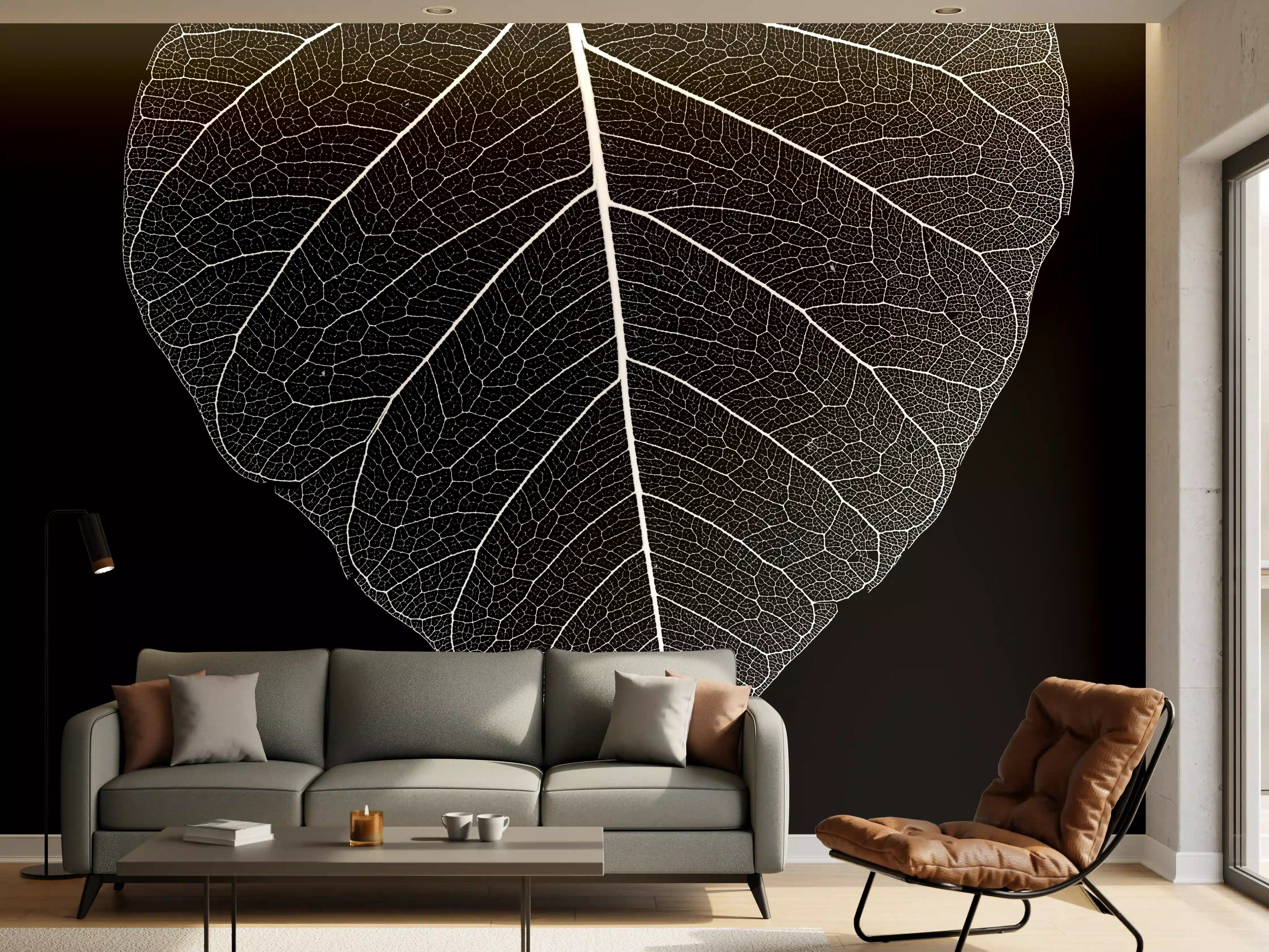 Wandverkleidung Wohnzimmer - Elegantes schwarzes Hintergrund-Design mit weißer Blattform