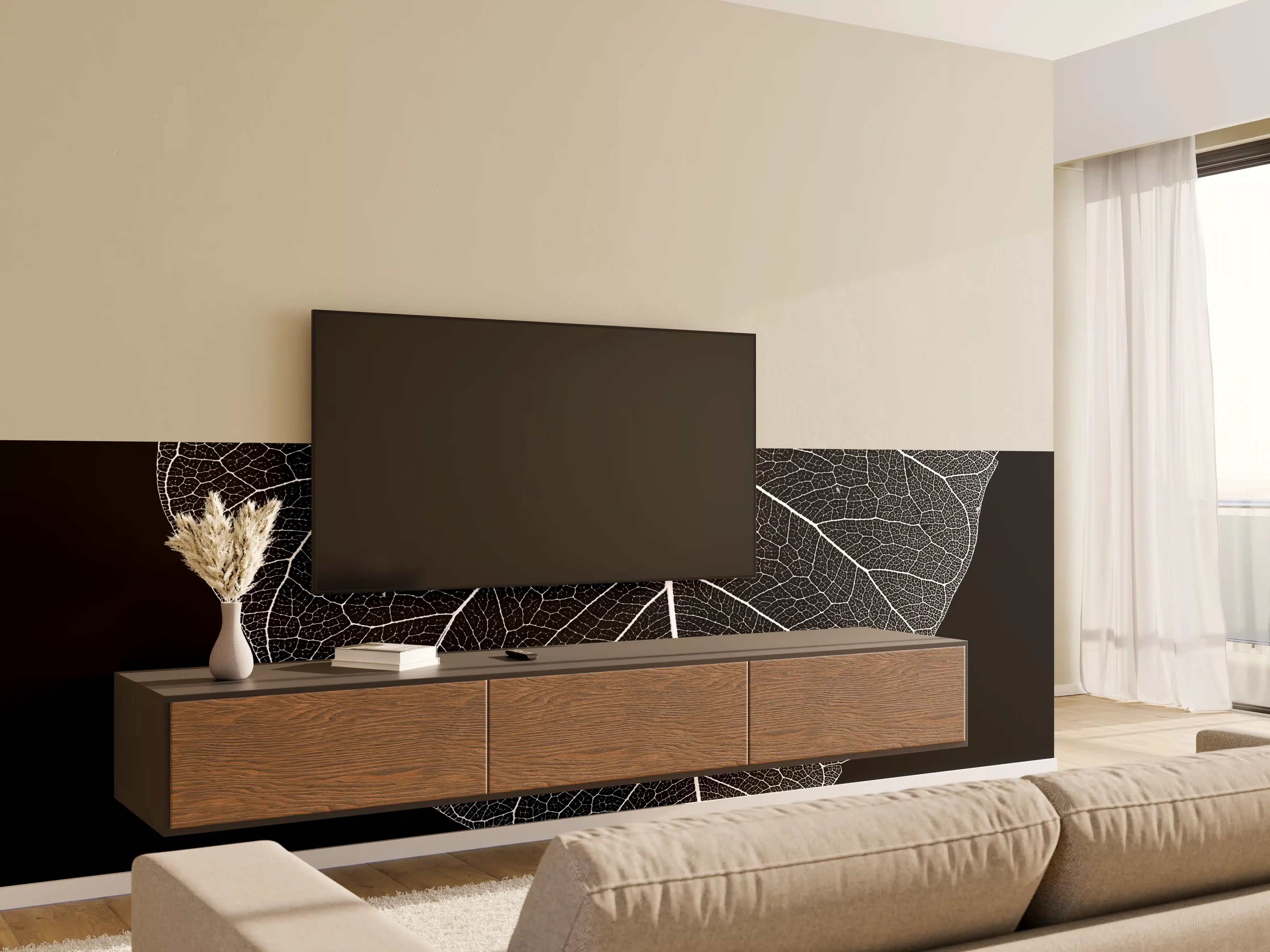 Wandverkleidung Wohnzimmer - Elegantes schwarzes Hintergrund-Design mit weißer Blattform