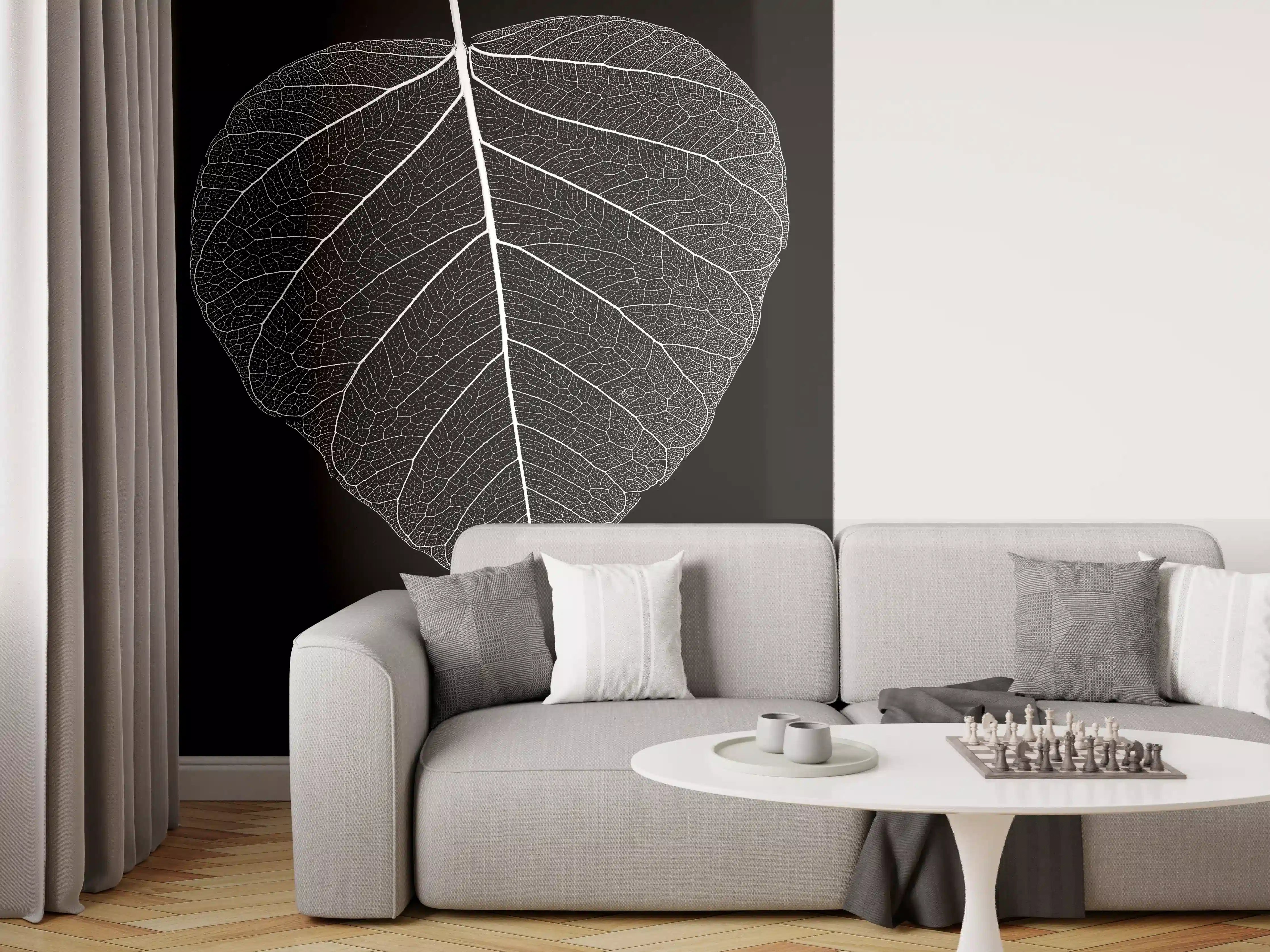 Wandverkleidung Wohnzimmer - Elegantes schwarzes Hintergrund-Design mit weißer Blattform