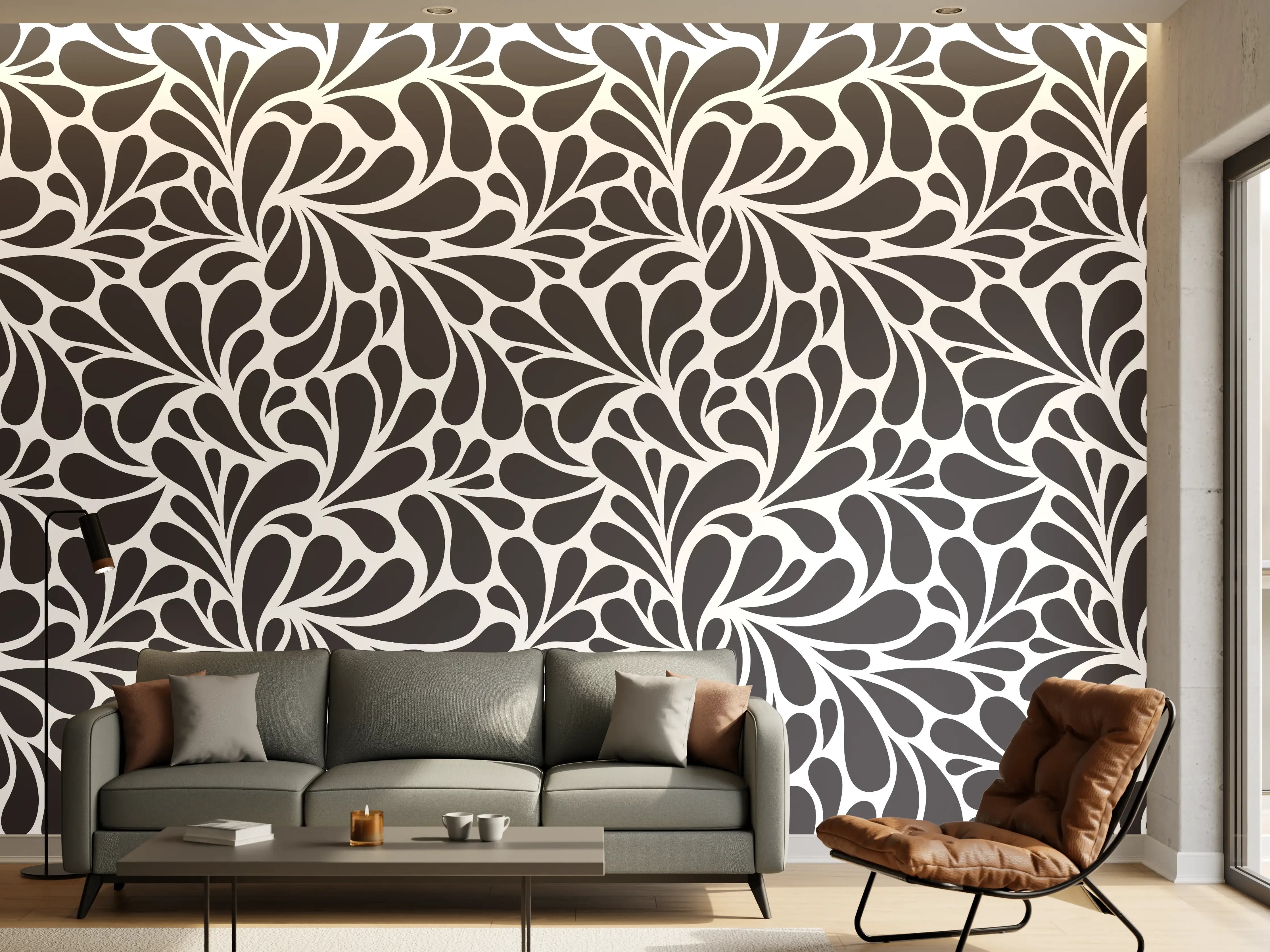 Wandverkleidung Wohnzimmer - Elegantes schwarzes Laubmuster