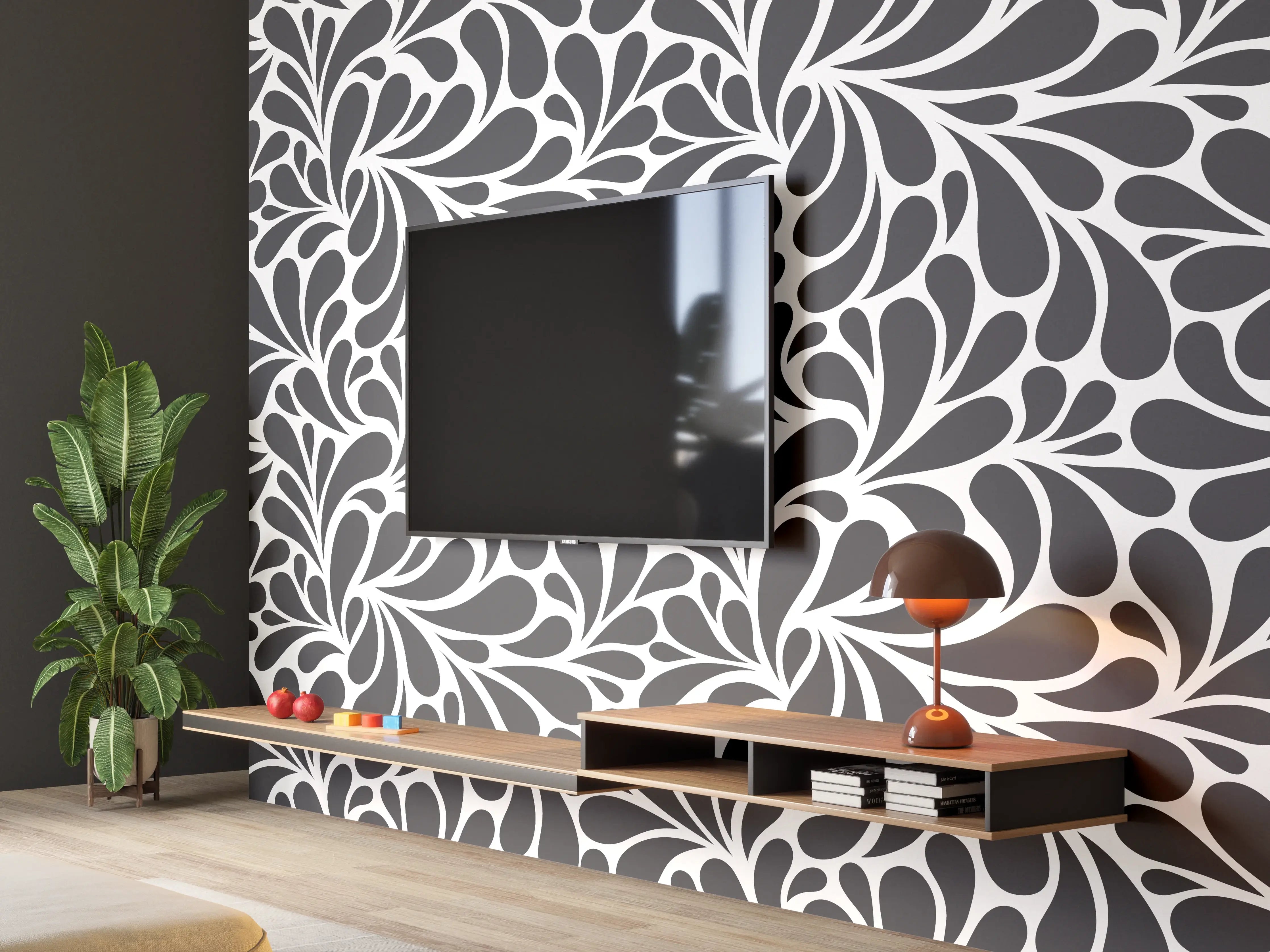 Wandverkleidung Wohnzimmer - Elegantes schwarzes Laubmuster