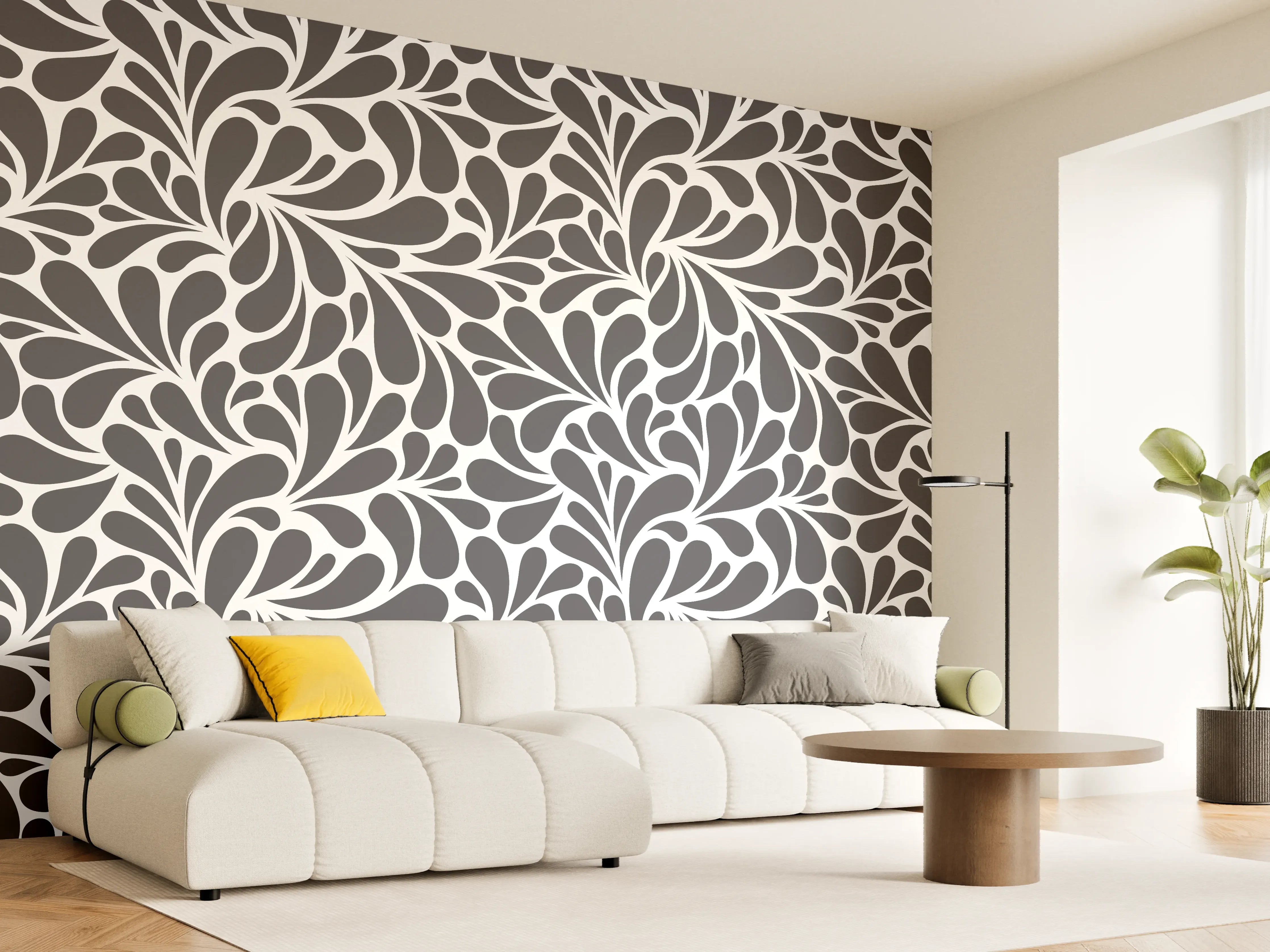 Wandverkleidung Wohnzimmer - Elegantes schwarzes Laubmuster