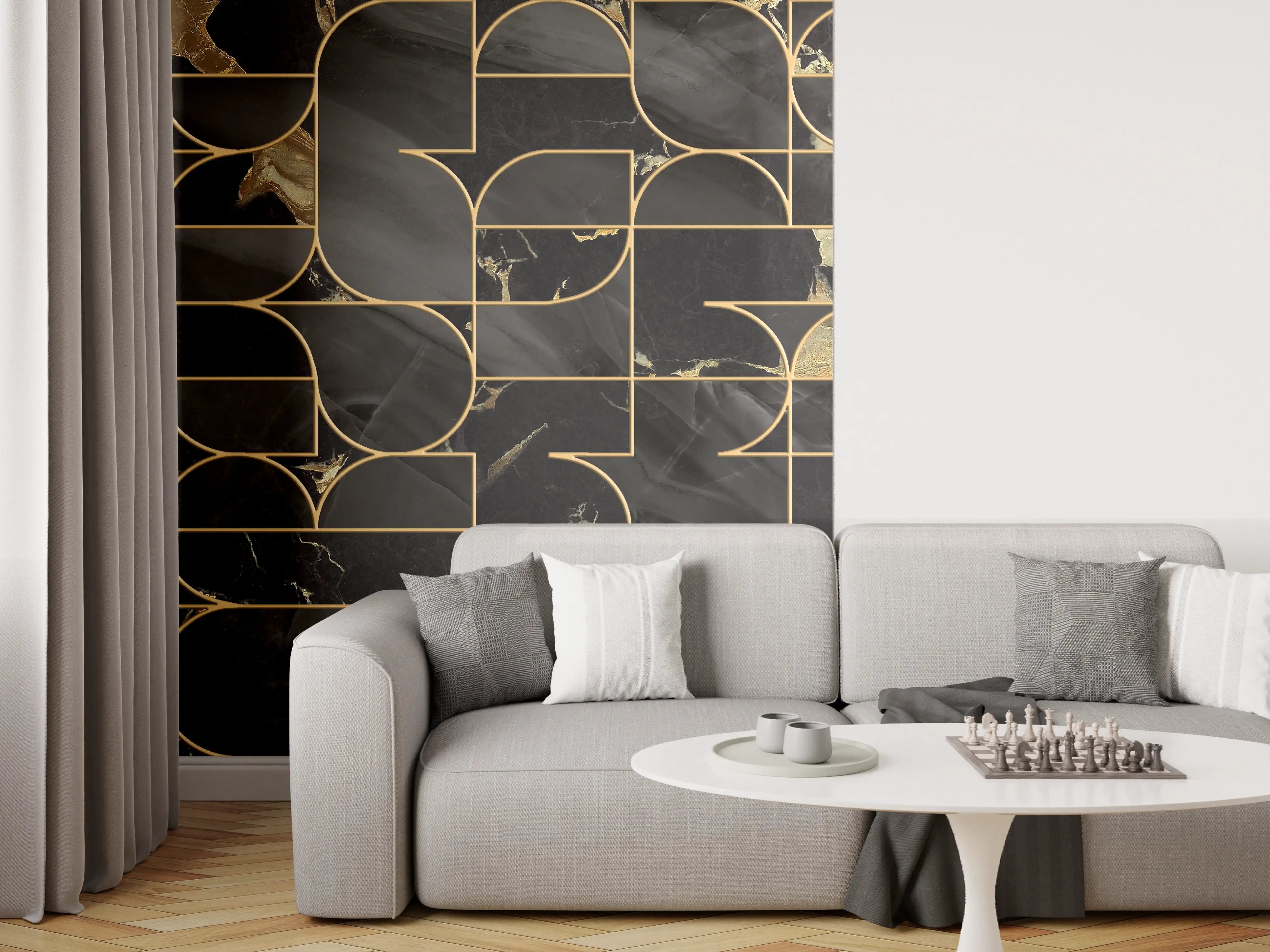Wandverkleidung Wohnzimmer - Elegantes schwarzes Marmor-Design mit Goldakzenten