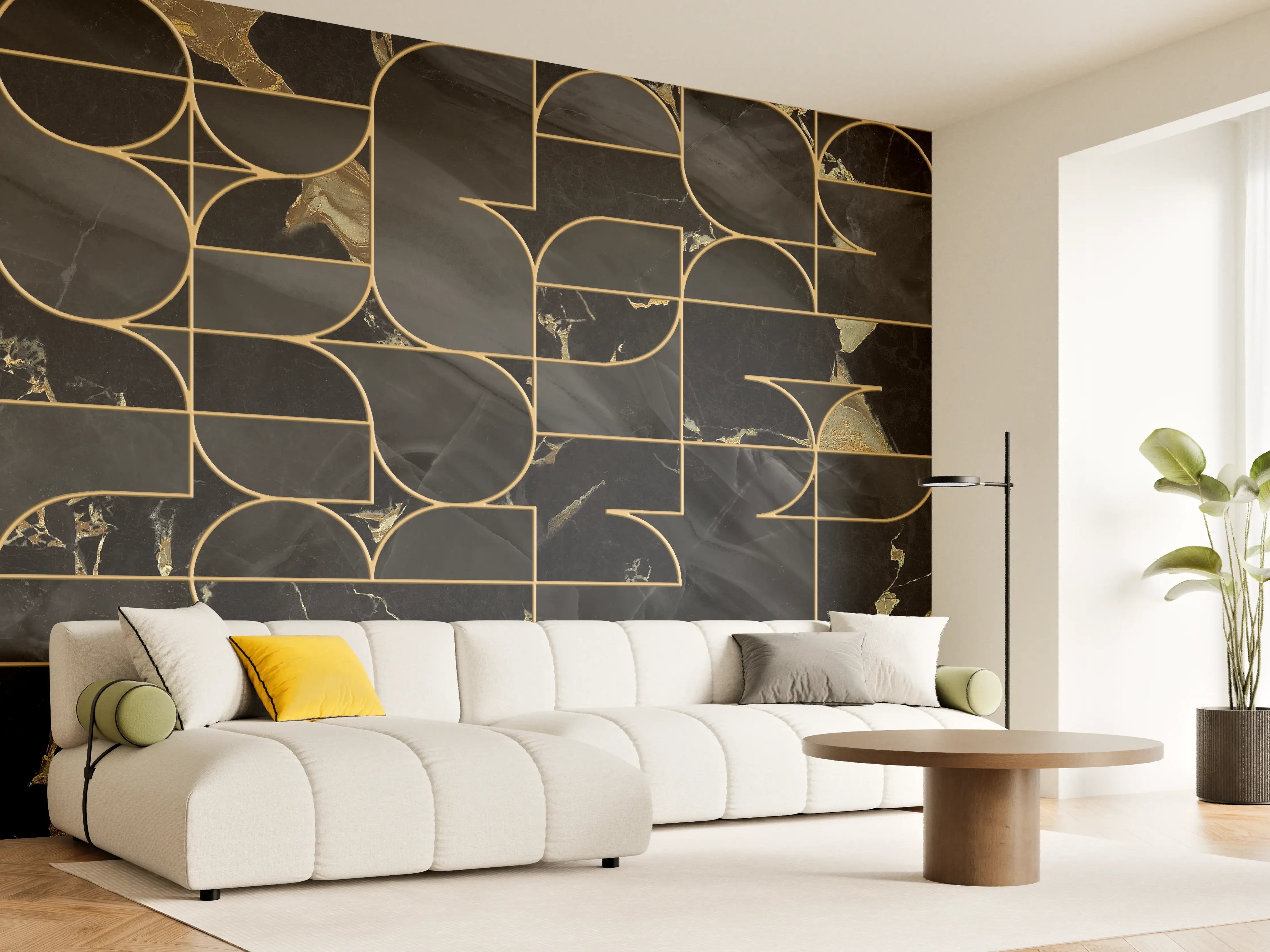Wandverkleidung Wohnzimmer - Elegantes schwarzes Marmor-Design mit Goldakzenten