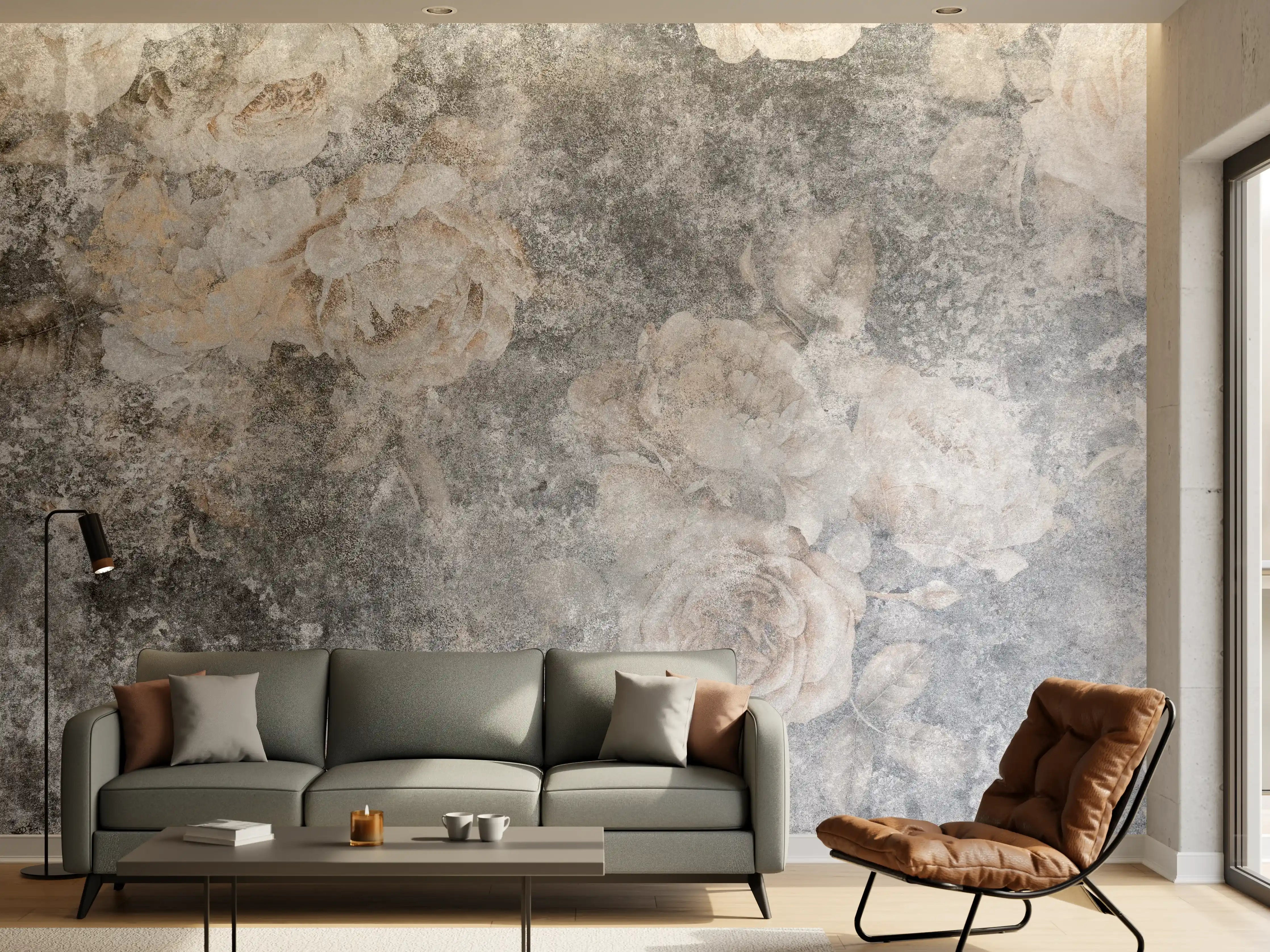 Wandverkleidung Wohnzimmer - Elegantes, Blumenmuster auf Marmoroptik