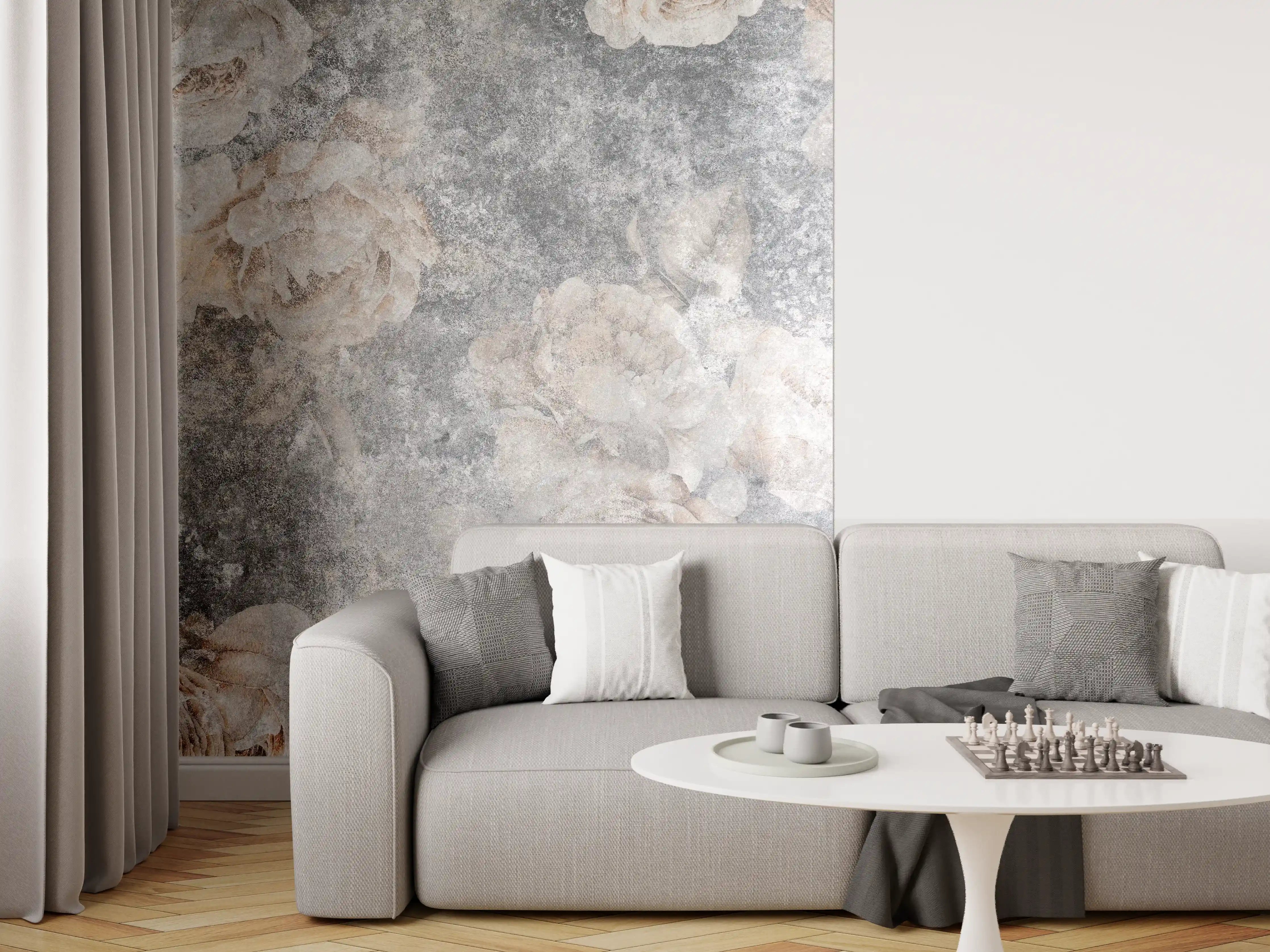 Wandverkleidung Wohnzimmer - Elegantes, Blumenmuster auf Marmoroptik