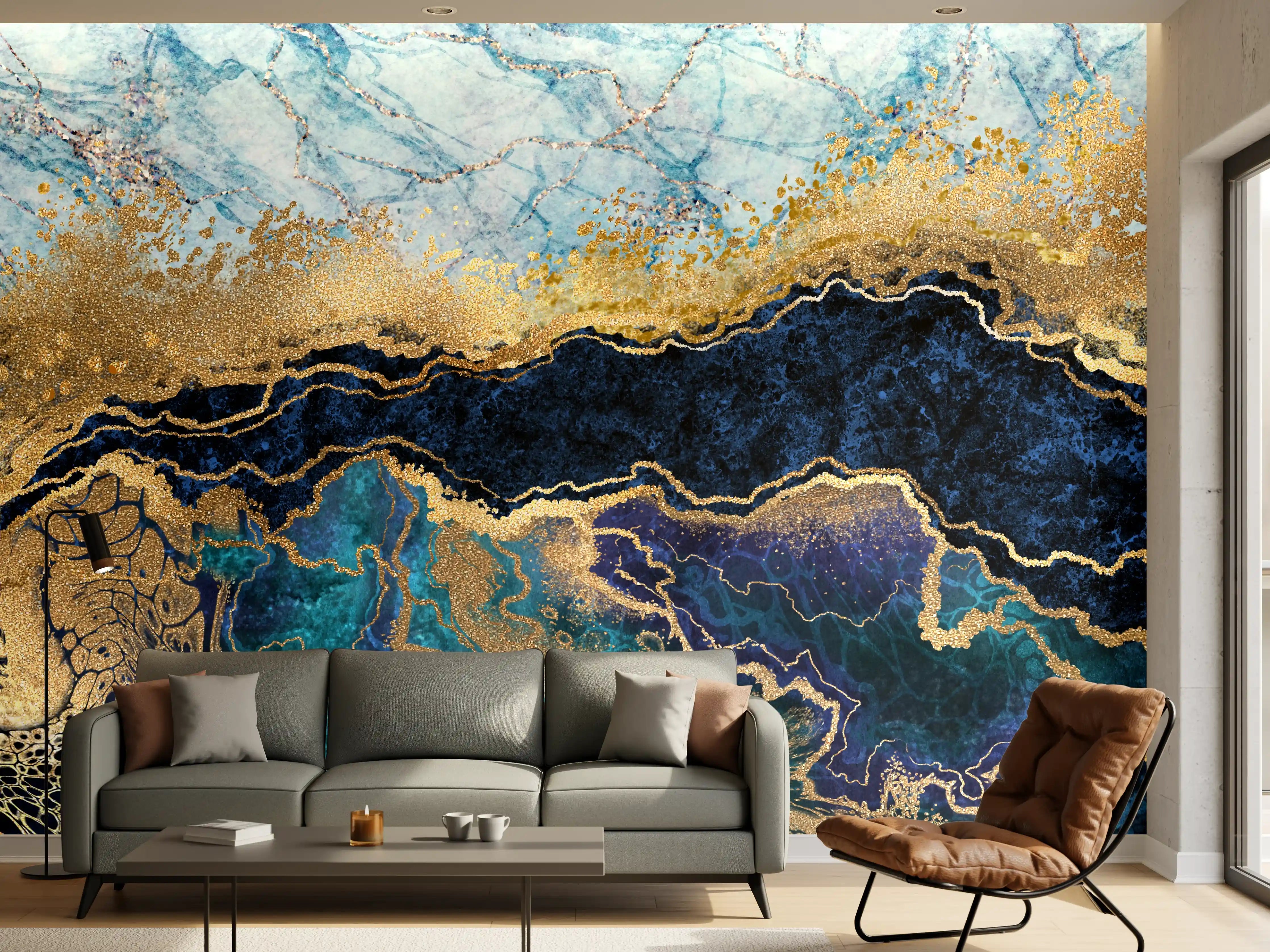 Wandverkleidung Wohnzimmer - Elegantes, abstraktes Kunstwerk in Blau und Gold