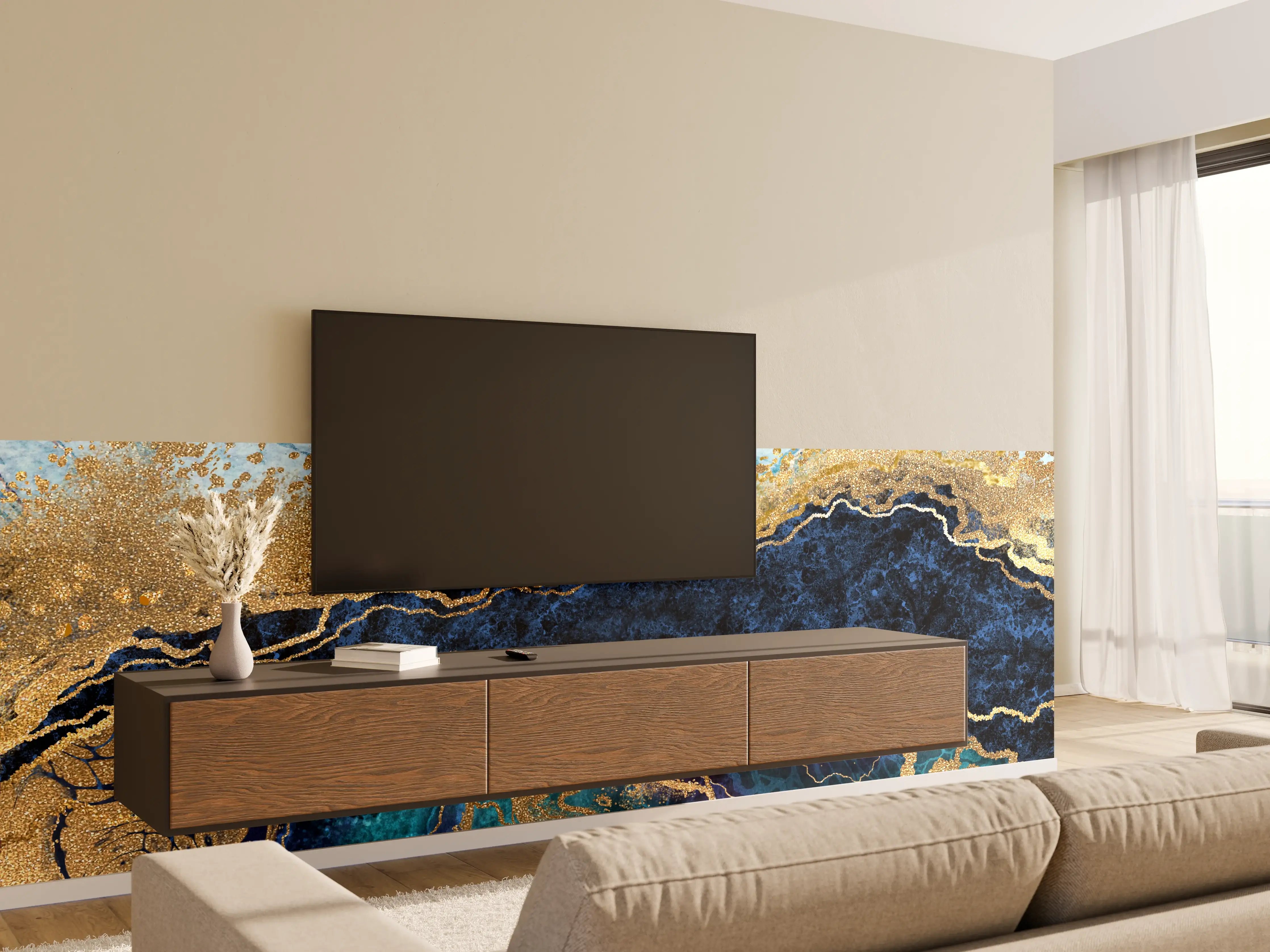 Wandverkleidung Wohnzimmer - Elegantes, abstraktes Kunstwerk in Blau und Gold