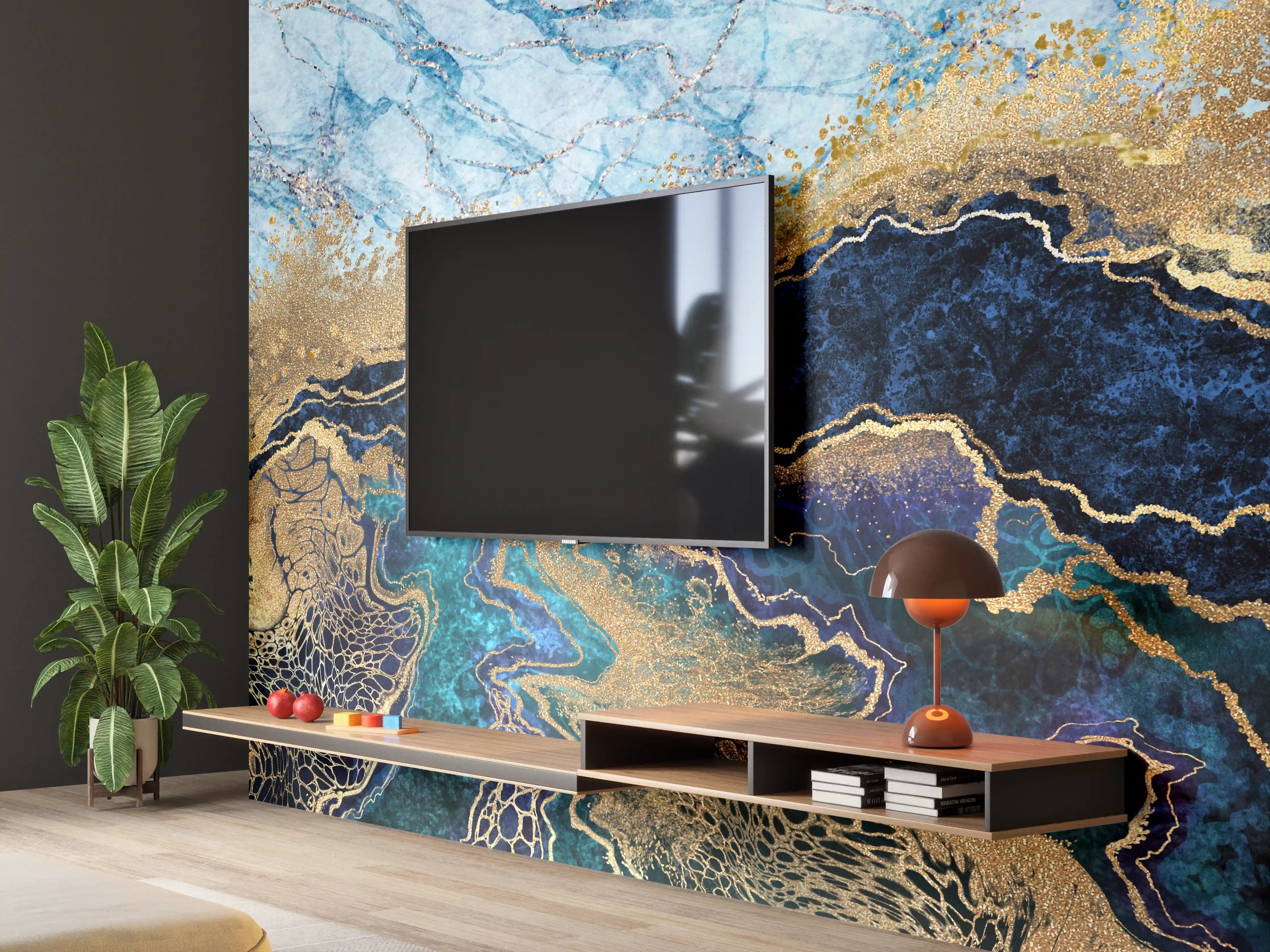 Wandverkleidung Wohnzimmer - Elegantes, abstraktes Kunstwerk in Blau und Gold