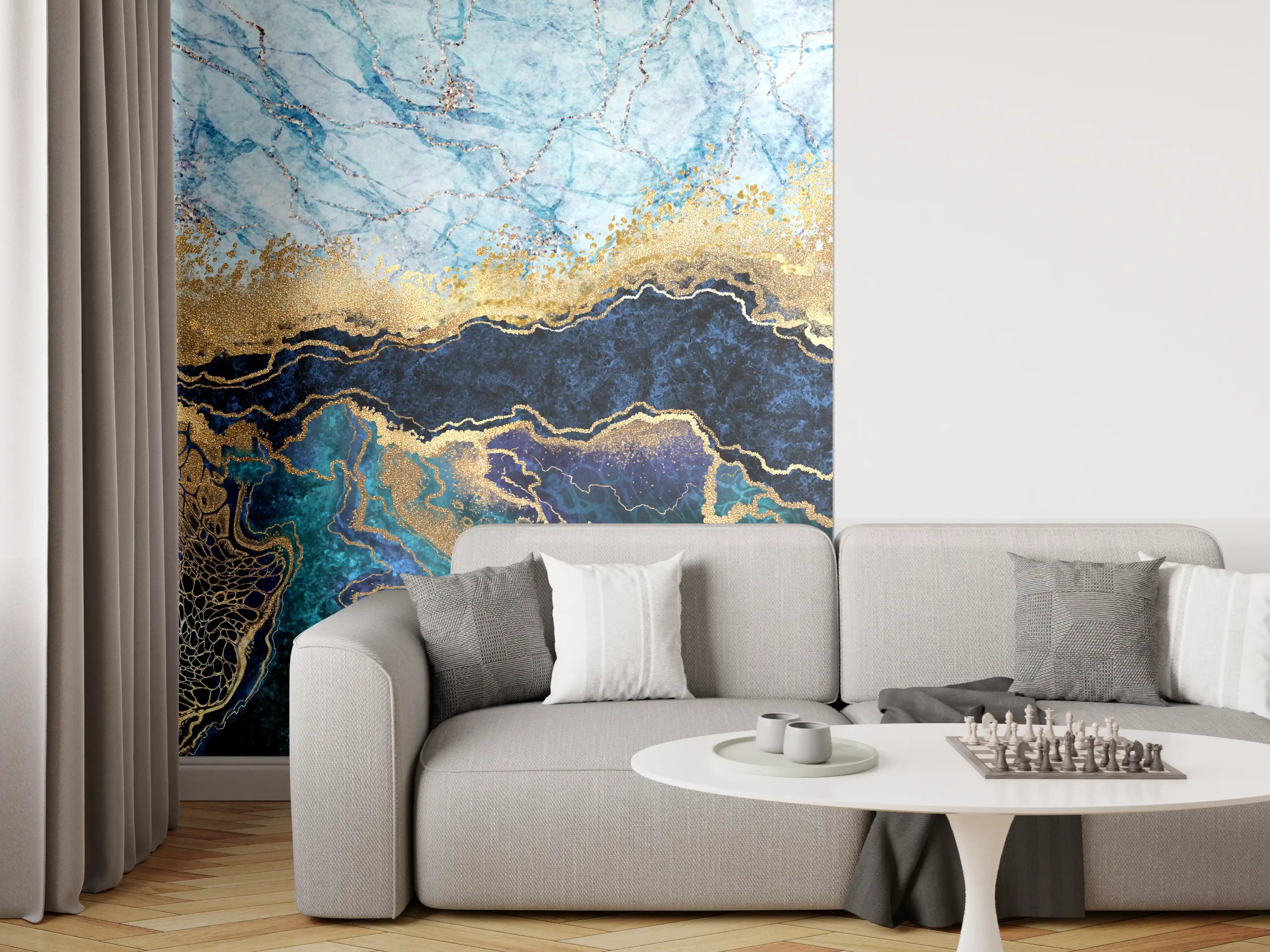 Wandverkleidung Wohnzimmer - Elegantes, abstraktes Kunstwerk in Blau und Gold