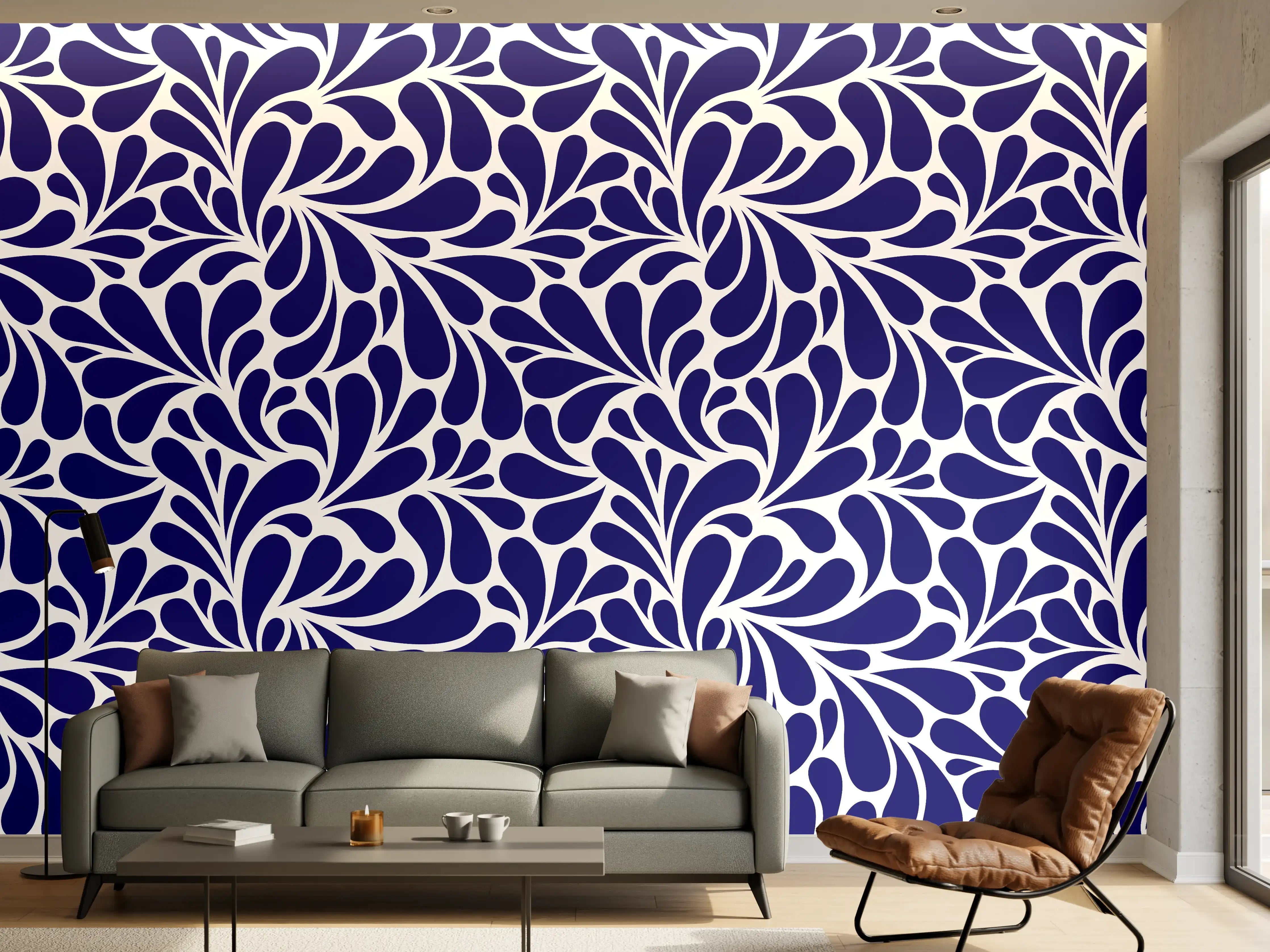 Wandverkleidung Wohnzimmer - Elegantes, blauschwarzes Ornamentmuster